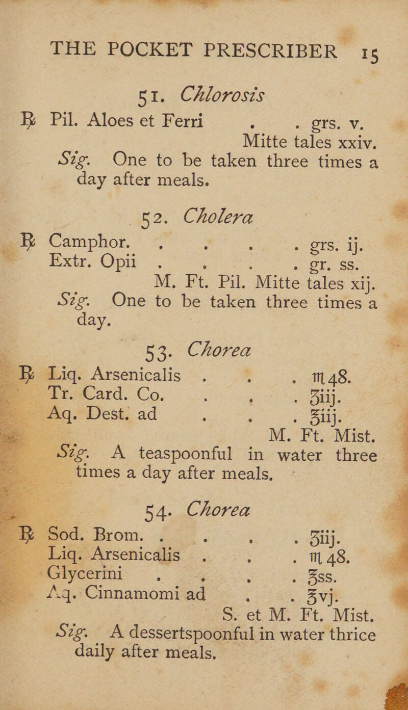 51. Chlorosis BR Pil. Aloes et Ferri ; . ors. vv. ae Mitte tales xxiv. Szg. One to be taken three times a day after meals. 52. Cholera @ ~B Camphor. . : : . ors: i.e = Extr, Opi —. a: Oba Se M. Ft. Pil. “Mitte tales Xij. Szg. One to be taken three times a         day. “ 4 53. Chorea * _B Liq. Arsenicalis . : . M48. araiCard. Co. : ; » Oly. _ Aq. Dest. ad : , . §lij. ss M. Ft. Mist. A teaspoonful in water three _ times a day after meals,  . 54. Chorea d. Brom. . : ‘ . Oil.  q. Arsenicalis . m 48, _ Glycerini ‘ . 3ss. of PAg. -Cinnamomi 4 : — OVP S. et M. Ft. Mist. Szg. A dessertspoonful in water ne daily alter meals, — P 