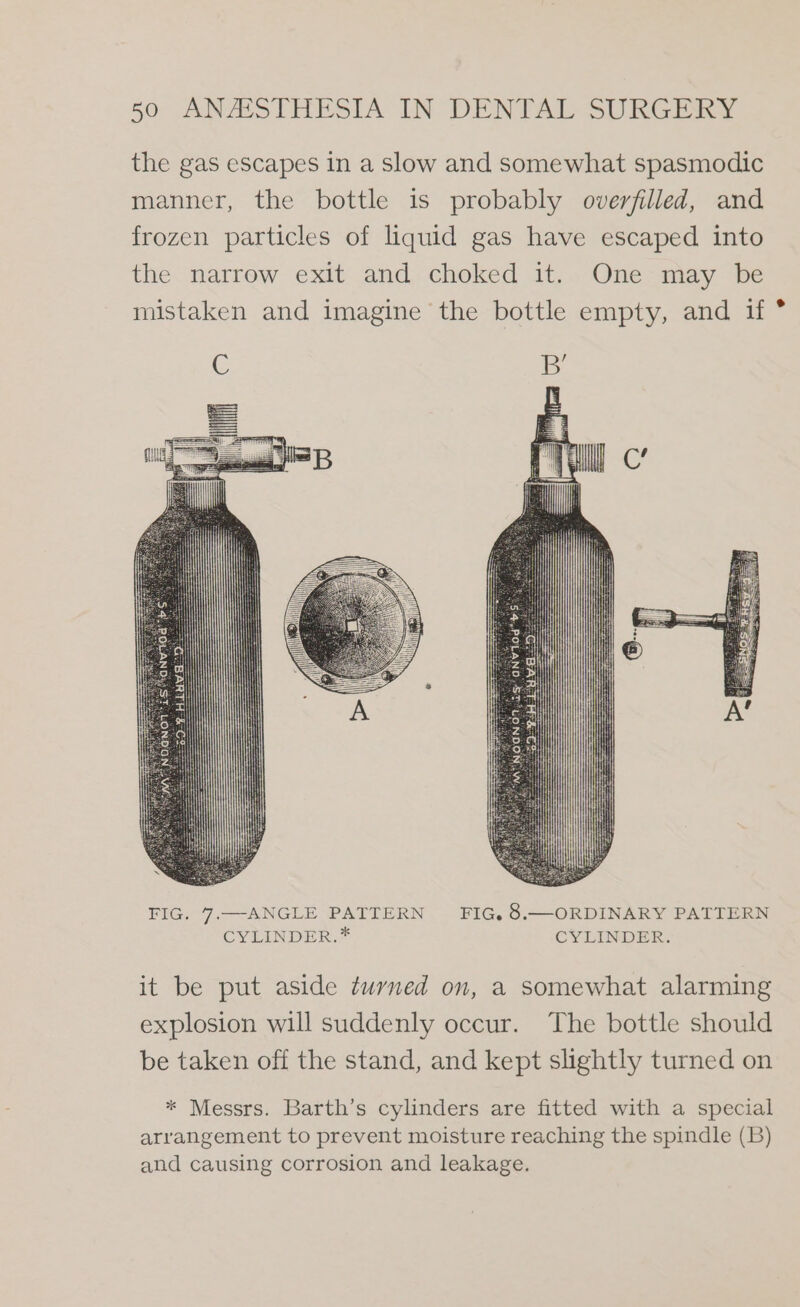 the gas escapes in a slow and somewhat spasmodic manner, the bottle is probably overfilled, and frozen particles of liquid gas have escaped into the narrow exit and choked it. One may be mistaken and imagine the bottle empty, and if * PIG. 7.==ANGLE PALTIERN FIG. 8.—ORDINARY PATTERN CYLINDER,* CYLINDER. it be put aside turned on, a somewhat alarming explosion will suddenly occur. The bottle should be taken off the stand, and kept slightly turned on * Messrs. Barth’s cylinders are fitted with a special arrangement to prevent moisture reaching the spindle (B) and causing corrosion and leakage.