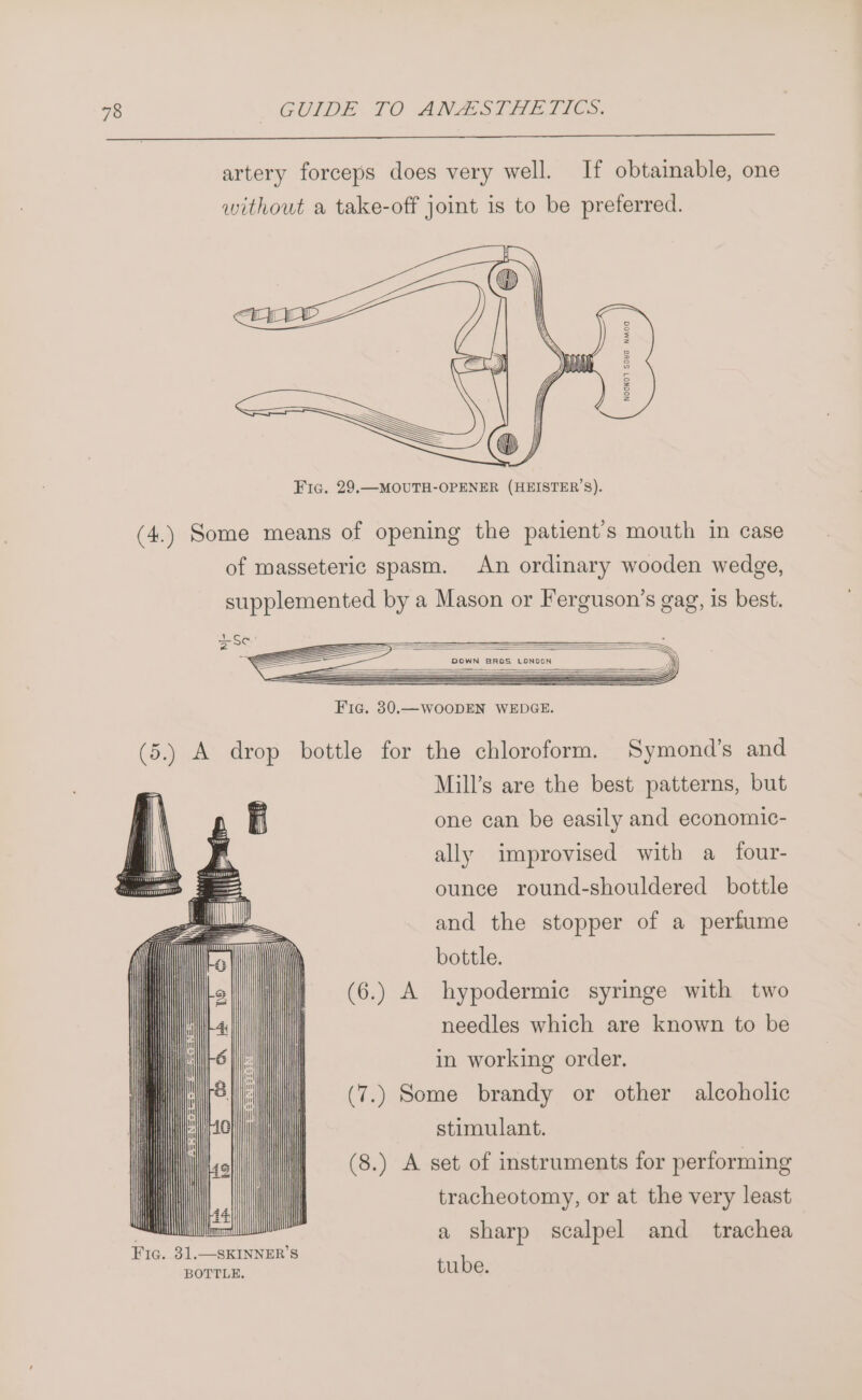 artery forceps does very well. If obtainable, one without a take-off joint is to be preferred. Fic. 29.—MOUTH-OPENER (HEISTER’S). (4.) Some means of opening the patient's mouth in case of masseteric spasm. An ordinary wooden wedge, supplemented by a Mason or Ferguson’s gag, is best. Fic. 30.—WoOoDEN WEDGE. (5.) A drop bottle for the chloroform. Symond’s and Mill’s are the best patterns, but one can be easily and economic- ally improvised with a four- ounce round-shouldered bottle and the stopper of a perfume bottle. (6.) A hypodermic syringe with two needles which are known to be in working order. (7.) Some brandy or other alcoholic stimulant. (8.) A set of instruments for performing tracheotomy, or at the very least a sharp scalpel and _ trachea