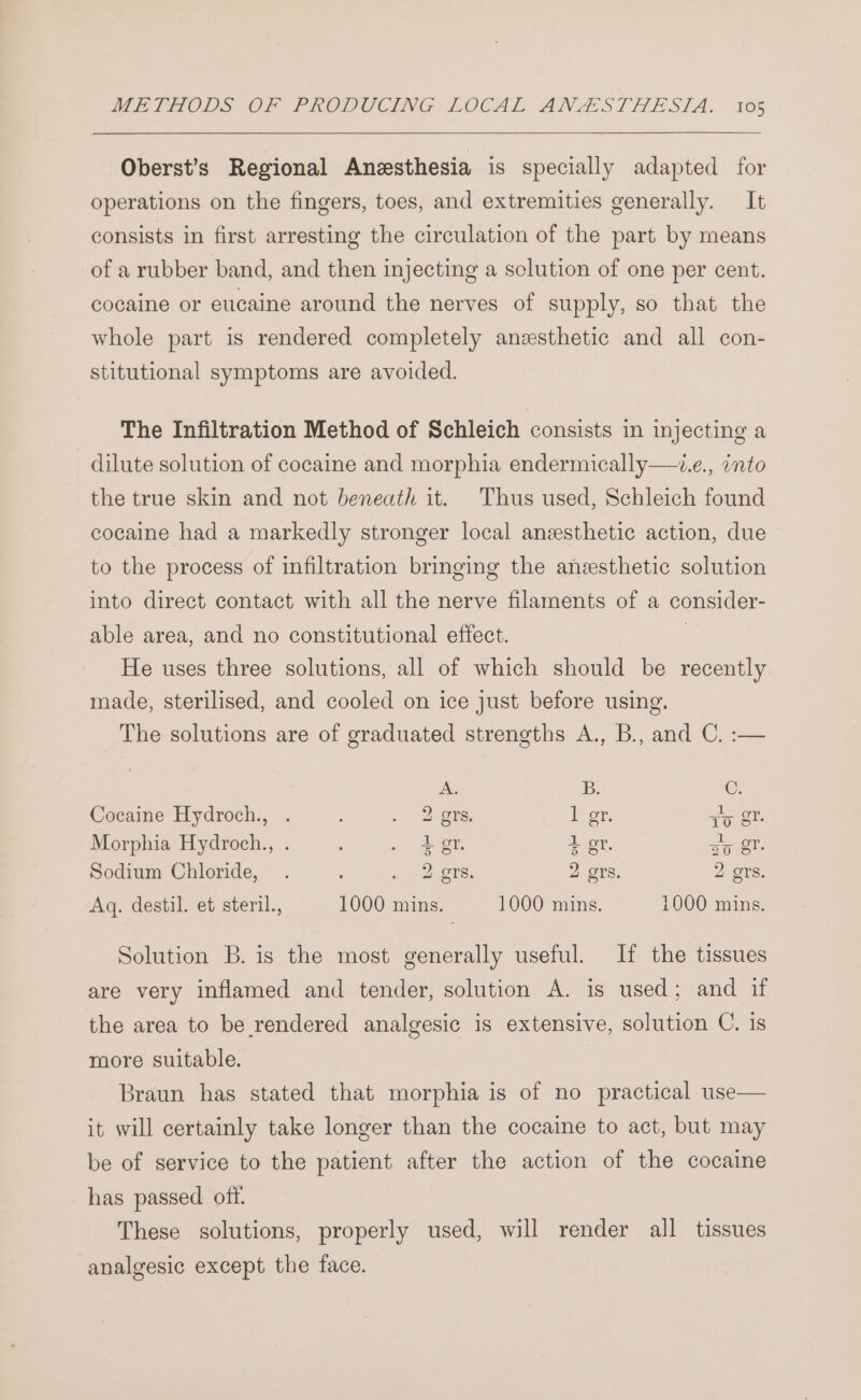 Oberst’s Regional Anesthesia is specially adapted for operations on the fingers, toes, and extremities generally. It consists in first arresting the circulation of the part by means of a rubber band, and then injecting a sclution of one per cent. cocaine or eucaine around the nerves of supply, so that the whole part is rendered completely anzsthetic and all con- stitutional symptoms are avoided. The Infiltration Method of Schleich consists in injecting a dilute solution of cocaine and morphia endermically—z.e., into the true skin and not beneath it. Thus used, Schleich found cocaine had a markedly stronger local anzesthetic action, due to the process of infiltration bringing the anesthetic solution into direct contact with all the nerve filaments of a consider- able area, and no constitutional effect. | He uses three solutions, all of which should be recently made, sterilised, and cooled on ice just before using. The solutions are of graduated strengths A., B., and C. :— A. iB. Cc. Cocaine Hydroch., 2 grs. Lon, qo gr. Morphia Hydroch., . » | 2 GP. 1 or, so OT. Sodium Chloride, a 2 Ors, 2 grs. 2 grs. Aq. destil. et steril., 1000 mins. 1000 mins. 1000 mins. Solution B. is the most generally useful. If the tissues are very inflamed and tender, solution A. is used; and if the area to be rendered analgesic is extensive, solution C. is more suitable. Braun has stated that morphia is of no practical use— it will certainly take longer than the cocaine to act, but may be of service to the patient after the action of the cocaine has passed off. These solutions, properly used, will render all tissues analgesic except the face.