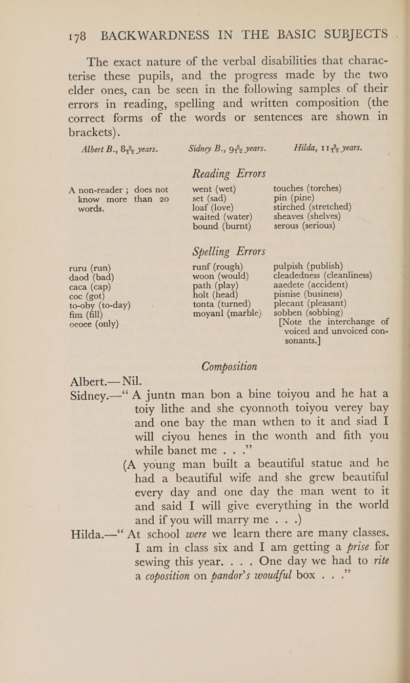 brackets). Albert B., 8325 years. A non-reader ; does not know more than 20 words. ruru (run) daod (bad) caca (cap) coc (got) to-oby (to-day) fim (fill) oeoee (only) Albert.— Nil. Sidney B., Ox?s years. Reading Errors went (wet) set (sad) loaf (love) waited (water) bound (burnt) Spelling Errors runf (rough) woon (would) path (play) holt (head) tonta (turned) moyanl (marble) Composition Hilda, 1143; years. touches (torches) pin (pine) stirched (stretched) sheaves (shelves) serous (serious) pulpish (publish) cleadedness (cleanliness) aaedete (accident) pisnise (business) plecant (pleasant) sobben (sobbing) [Note the interchange of voiced and unvoiced con- sonants. | be) -) 33 °