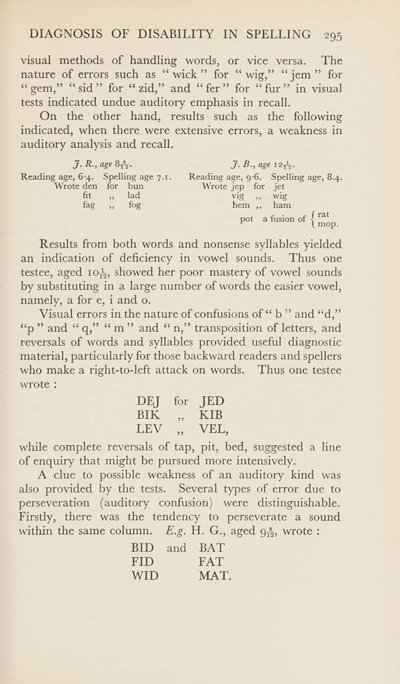 visual methods of handling words, or vice versa. The nature of errors such as “‘ wick” for “ wig,” “jem”? for Cc Mec Cm Olu z1 ee mancetc@ ator tun ein visual tests indicated undue auditory emphasis in recall. On the other hand, results such as the following indicated, when there were extensive errors, a weakness in auditory analysis and recall. J. R., age 848. J. B., age 1275. Reading age, 6-4. Spelling age 7.1. Reading age, 9:6. Spelling age, 8.4. Wrote den for bun Wrote jep for jet fit Peel! Vig ey wie faces ween lOe nemen wea rat pot a fusion of { mop. Results from both words and nonsense syllables yielded an indication of deficiency in vowel sounds. ‘Thus one testee, aged 103, showed her poor mastery of vowel sounds by substituting in a large number of words the easier vowel, namely, a for e, i and o. Visual errors in the nature of confusions of ‘‘ b”’ and “d,”’ ie Doe eal] weatd raliclc. T) wstranspositionsometterssaric reversals of words and syllables provided useful diagnostic material, particularly for those backward readers and spellers who make a right-to-left attack on words. ‘Thus one testee wrote DEJ for JED Dee es LEV ;°) VEL; while complete reversals of tap, pit, bed, suggested a line of enquiry that might be pursued more intensively. A clue to possible weakness of an auditory kind was also provided by the tests. Several types of error due to perseveration (auditory confusion) were distinguishable. Firstly, there was the tendency to perseverate a sound within the same column. H£.g. H. G., aged 98, wrote : BID and BAT FID Aa WID MAT.