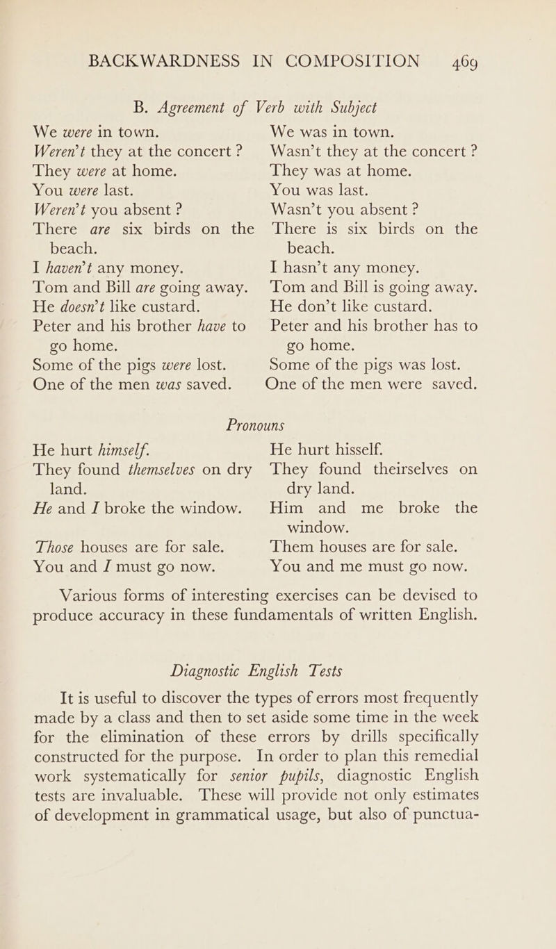 B. Agreement of Verb with Subject We were in town. We was in town. Weren't they at the concert? | Wasn’t they at the concert ? They were at home. They was at home. You were last. You was last. Weren't you absent ? Wasn’t you absent ? iver cle msixea Div cmon m tices: bicresis: six, birdssonmthc beach. beach. I haven’t any money. I hasn’t any money. Tom and Bill are going away. ‘Tom and Bill is going away. He doesn’t like custard. He don’t like custard. Peter and his brother fave to Peter and his brother has to go home. go home. Some of the pigs were lost. Some of the pigs was lost. One of the men was saved. One of the men were saved. Pronouns He hurt himself. He hurt hisself. They found themselves on dry ‘They found theirselves on land. dry land. He and IJ broke the window. Him and me broke the window. Those houses are for sale. Them houses are for sale. You and J must go now. You and me must go now. Various forms of interesting exercises can be devised to produce accuracy in these fundamentals of written English. Diagnostic English Tests It is useful to discover the types of errors most frequently made by a class and then to set aside some time in the week for the elimination of these errors by drills specifically constructed for the purpose. In order to plan this remedial work systematically for senior pupils, diagnostic English tests are invaluable. These will provide not only estimates of development in grammatical usage, but also of punctua-