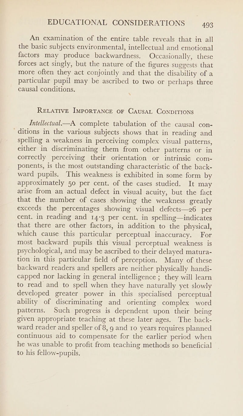 An examination of the entire table reveals that in all the basic subjects environmental, intellectual and emotional factors may produce backwardness. Occasionally, these forces act singly, but the nature of the figures suggests that more often they act conjointly and that the disability of a particular pupil may be ascribed to two or perhaps three causal conditions, RELATIVE IMPORTANCE OF CAUSAL CONDITIONS Intellectual—A complete tabulation of the causal con- ditions in the various subjects shows that in reading and spelling a weakness in perceiving complex visual patterns, either in discriminating them from other patterns or in correctly perceiving their orientation or intrinsic com- ponents, is the most outstanding characteristic of the back- ward pupils. This weakness is exhibited in some form by approximately 50 per cent. of the cases studied. It may arise from an actual defect in visual acuity, but the fact that the number of cases showing the weakness greatly exceeds the percentages showing visual defects—26 per cent. in reading and 14:3 per cent. in spelling—indicates that there are other factors, in addition to the physical, which cause this particular perceptual inaccuracy. For most backward pupils this visual perceptual weakness is psychological, and may be ascribed to their delayed matura- tion in this particular field of perception. Many of these backward readers and spellers are neither physically handi- capped nor lacking in general intelligence ;_ they will learn to read and to spell when they have naturally yet slowly developed greater power in this specialised perceptual ability of discriminating and orienting complex word patterns. Such progress is dependent upon their being given appropriate teaching at these later ages. The back- ward reader and speller of 8, g and 10 years requires planned continuous aid to compensate for the earlier period when he was unable to profit from teaching methods so beneficial to his fellow-pupils.