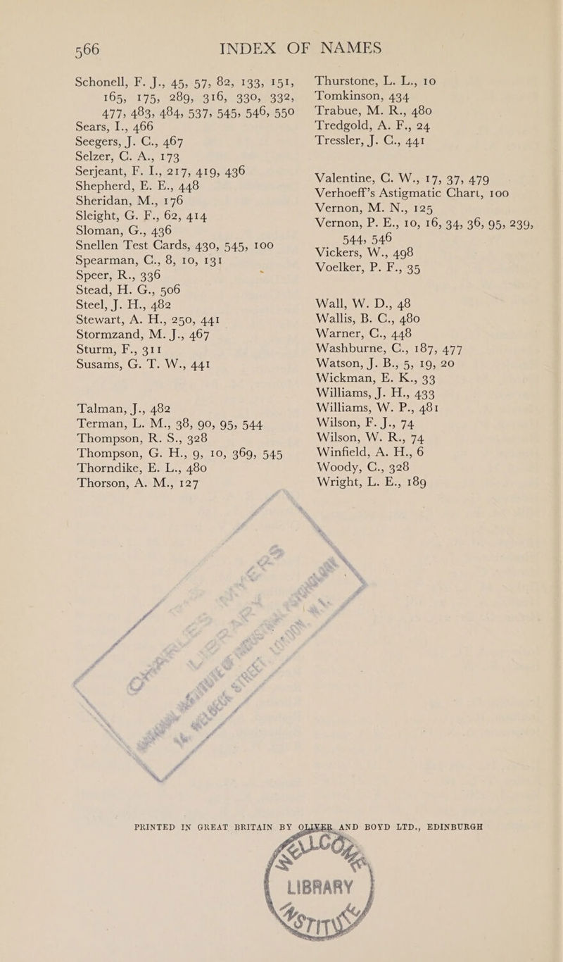 achonéell Sa) ..745:05 75 Oeste 165, 175, 289, 316, 330, 332, 477, 483, 484, 537, 545, 546, 550 Sears, I., 466 mecwersn |G. 407 Selzer. Chen 73 Serjeant, F. I., 217, 419, 436 Shepherd, E. E., 448 Sheridan, M., 176 SleishiG. si 6025°4.04 Sloman, G., 436 Snellen Test Cards, 430, 545, 100 Spearman, C., 3, 10, 133 Speere kk. .oa0 3 Stead, H. G., 506 Steely | .sh1.402 Stewart, A. H., 250, 441 Stormzand, M. J., 467 Siri ty ort Susams, G. T. W., 441 Talman, J., 482 Terman, L. M., 38, 90, 95, 544 Thompson, R. S., 328 Thompson, G. H., 9, 10, 369, 545 Thorndike, E. L., 480 Thorson, A. M., 127 ay ; “Lyurstone, sl els.81 Tomkinson, 434 Trabue, M. R., 480 Tredgold, A. F., 24 Dressler.) 3 Aa Valentine, C. W., 17, 37, 479 Verhoeff’s Astigmatic Chart, 100 Vernon, M. N., 125 Vernon, P. E., 10, 16, 34, 36, 95, 239, 544, 546 Vickers, W., 498 Voelker, P. F., 35 Wall, W. D., 48 Wallis, B. C., 480 Warner, C., 448 Washburne, C., 187, 477 Watson, J. B., 5, 19, 20 Wickman, E. K., 33 Williams, J. H., 433 Williams, W. P., 481 Wilson, F. J., 74 Wilson, W. R., 74 Winfield, A. H., 6 Woody, C., 328 Wright, L. E., 189 ER AND BOYD LTD., EDINBURGH \ Mee