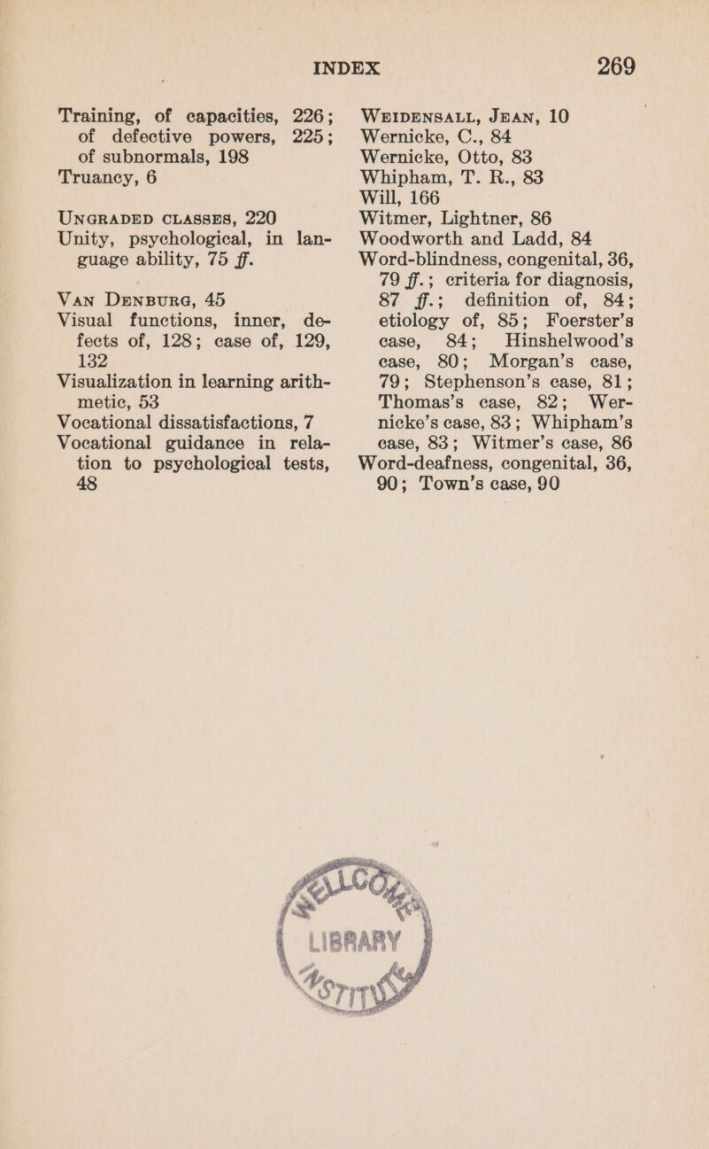 Training, of capacities, 226; of defective powers, 225; of subnormals, 198 Truancy, 6 UNGRADED CLASSES, 220 Unity, psychological, in lan- guage ability, 75 ff. Van Densora, 45 Visual functions, inner, de- fects of, 128; case of, 129, 132 Visualization in learning arith- metic, 53 Vocational dissatisfactions, 7 Vocational guidance in rela- tion to psychological tests, 48 269 WEIDENSALL, JEAN, 10 Wernicke, C., 84 Wernicke, Otto, 83 Whipham, T. R., 83 Will, 166 Witmer, Lightner, 86 Woodworth and Ladd, 84 Word-blindness, congenital, 36, 79 ff.; criteria for diagnosis, 87 ff.; definition of, 84; etiology of, 85; Foerster’s ease, 84; Hinshelwood’s ease, 80; Morgan’s case, 79; Stephenson’s ease, 81; Thomas’s case, 82; Wer- nicke’s case, 83; Whipham’s case, 83; Witmer’s case, 86 Word-deafness, congenital, 36, 90; Town’s case, 90