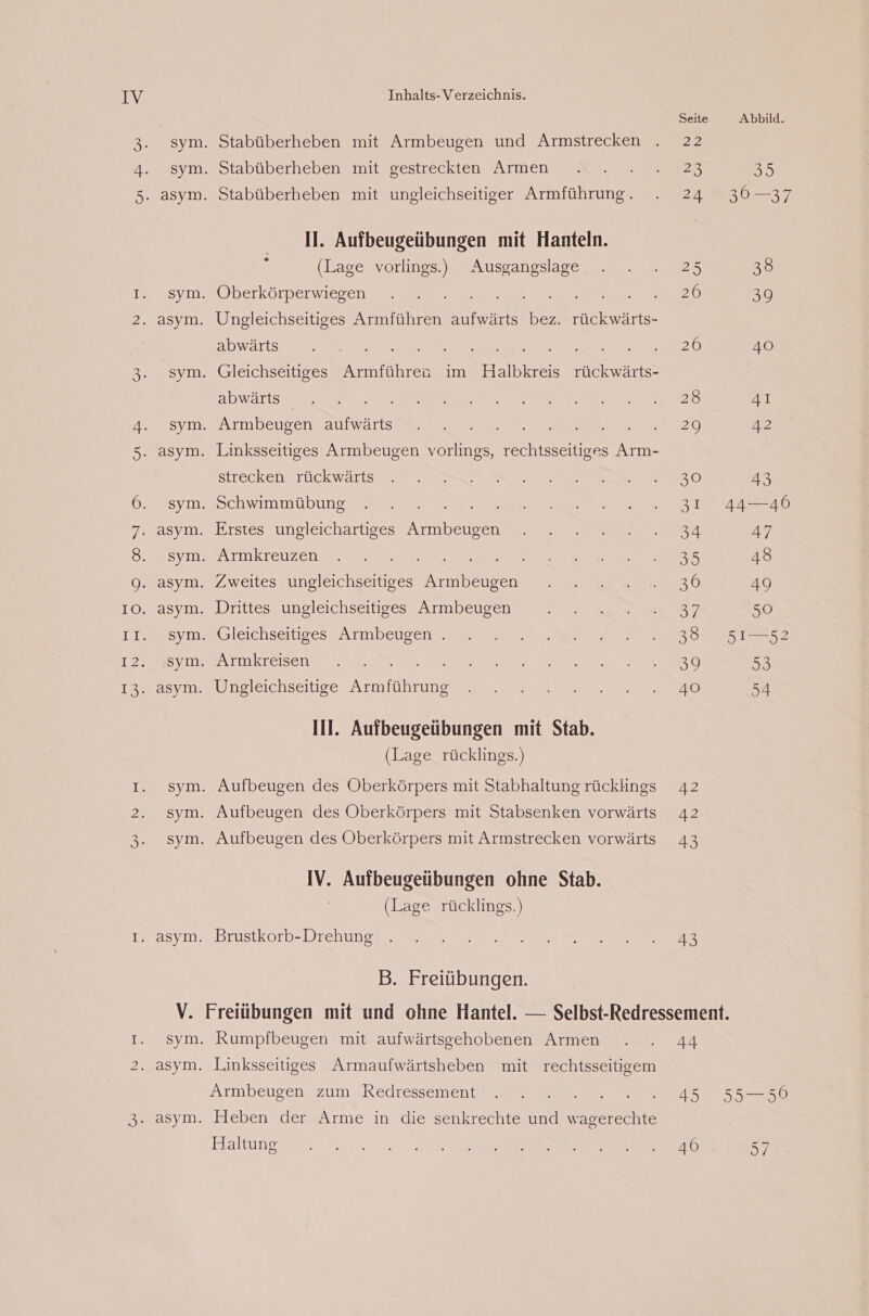 D —- (83) Il. Aufbeugeübungen mit Hanteln. (Lage vorlings.) Ausgangslage . Ungleichseitiges Armführen en: bez. rückwärts- abwärts abwärts strecken rückwärts Il. Aufbeugeübungen mit Stab. (Lage rücklings.) IV. Aufbeugeübungen ohne Stab. (Lage rücklings.) Brustkorb-Drehung B. Freiübungen. Seite 22 43 Abbild. 35 30-37 38 39 40 41 72 43 44—46 Rumpfbeugen mit aufwärtsgehobenen Armen Armbeugen zum Redressement Haltung 44 45 46 5550 St ni