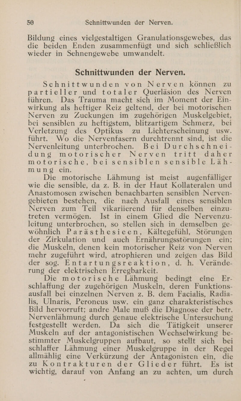 Bildung eines vielgestaltigen Granulationsgewebes, das die beiden Enden zusammenfügt und sich schließlich wieder in Sehnengewebe umwandelt. Schnittwunden der Nerven. Schnittwunden von Nerven können zu partieller und totaler Querläsion des Nerven führen. Das Trauma macht sich im Moment der Ein- wirkung als heftiger Reiz geltend, der bei motorischen Nerven zu Zuckungen im zugehörigen Muskelgebiet, bei sensiblen zu heftigstem, blitzartigem Schmerz, bei Verletzung des Optikus zu Lichterscheinung usw. führt. Wo die Nervenfasern durchtrennt sind, ist die Nervenleitung unterbrochen. Bei Durchschnei- dung motorischer Nerven tritt“ daher motorische, bei sensiblen sensible Läh- mung ein. Die motorische Lähmung ist meist augenfälliger wie die sensible, da z. B. in der Haut Kollateralen und Anastomosen zwischen benachbarten sensiblen Nerven- gebieten bestehen, die nach Ausfall eines sensiblen Nerven zum Teil vikariierend für denselben einzu- treten vermögen. Ist in einem Glied die Nervenzu- leitung unterbrochen, so stellen sich in demselben ge- wöhnlich Parästhesieen, Kältegefühl, Störungen der Zirkulation und auch Ernährungsstörungen ein; die Muskeln, denen kein motorischer Reiz von Nerven mehr zugeführt wird, atrophieren und zeigen das Bild der sog. Entartungsreaktion, d. h Verände- rung der elektrischen Erregbarkeit. Die motorische Lähmung bedingt eine Er- schlaffung der zugehörigen Muskeln, deren Funktions- ausfall bei einzelnen Nerven z. B. dem Facialis, Radia- lis, Ulnaris, Peroneus usw. ein ganz charakteristisches Bild hervorruft; andre Male muß die Diagnose der betr. Nervenlähmung durch genaue elektrische Untersuchung festgestellt werden. Da sich die Tätigkeit unserer Muskeln auf der antagonistischen Wechselwirkung be- stimmter Muskelgruppen aufbaut, so stellt sich bei schlaffer Lähmung einer Muskelgruppe in der Regel allmählig eine Verkürzung der Antagonisten ein, die zu Kontrakturen der Glieder führt. Es ist wichtig, darauf von Anfang an zu achten, um durch