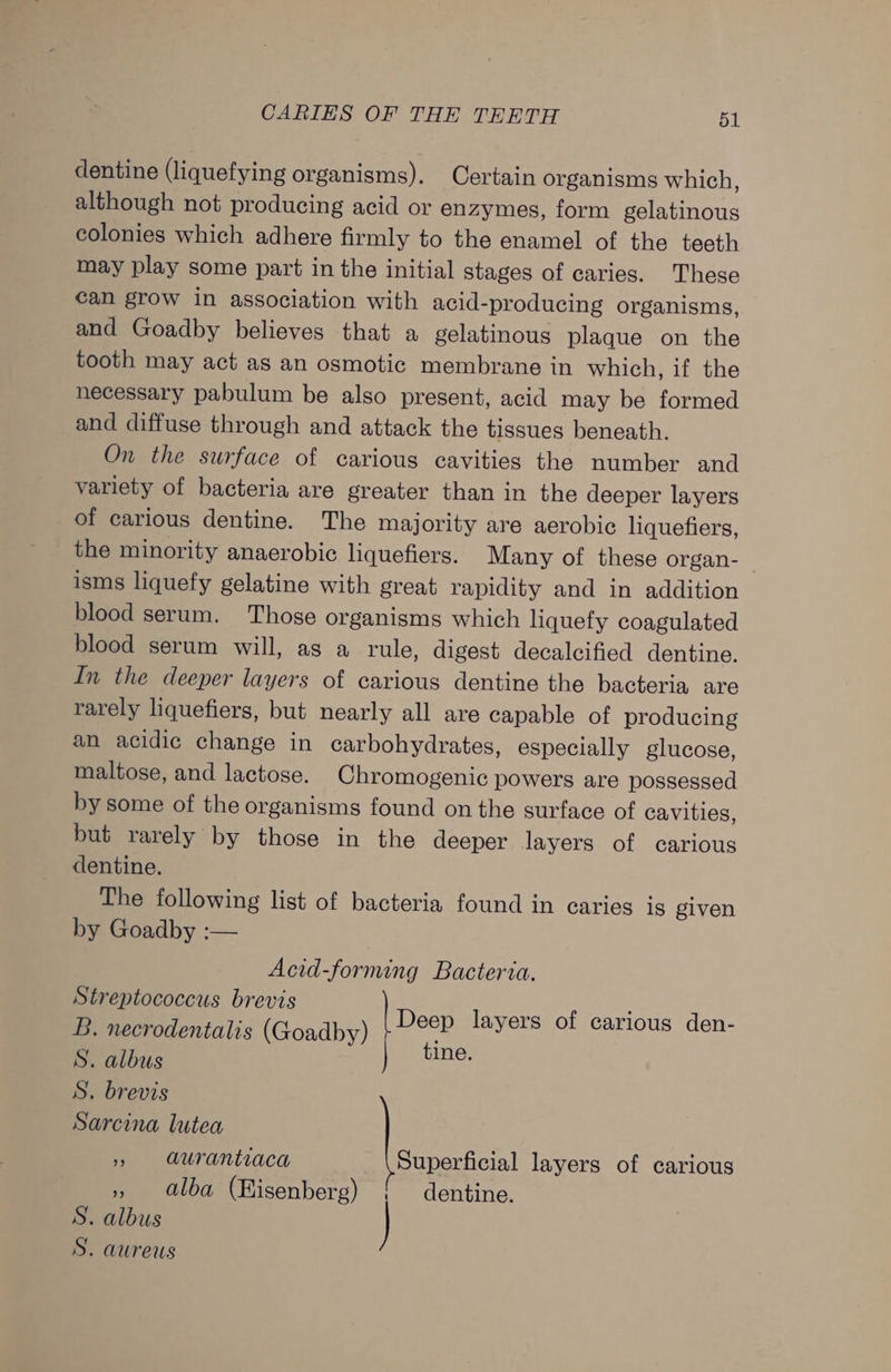 dentine (liquefying organisms). Certain organisms which, although not producing acid or enzymes, form gelatinous colonies which adhere firmly to the enamel of the teeth may play some part in the initial stages of caries. These can grow in association with acid-producing organisms, and Goadby believes that a gelatinous plaque on the tooth may act as an osmotic membrane in which, if the necessary pabulum be also present, acid may be formed and diffuse through and attack the tissues beneath. On the surface of carious cavities the number and variety of bacteria are greater than in the deeper layers of carious dentine. The majority are aerobic liquefiers, the minority anaerobic liquefiers. Many of these organ- | isms liquefy gelatine with great rapidity and in addition blood serum. Those organisms which liquefy coagulated blood serum will, as a rule, digest decalcified dentine. In the deeper layers of carious dentine the bacteria are rarely liquefiers, but nearly all are capable of producing an acidic change in carbohydrates, especially glucose, maltose, and lactose. Chromogenic powers are possessed by some of the organisms found on the surface of cavities, but rarely by those in the deeper layers of carious dentine. The following list of bacteria found in caries is given by Goadby :— Acid-forming Bacteria. Streptococcus brevis D KS Anne ao pe ie B. necrodentalis (Goadby) }~°oP “#Y® . a tine S. albus S, brevis Sarcina lutea » aurantiaca Superficial layers of carious S. albus », alba (Kisenberg) dentine. S. aureus