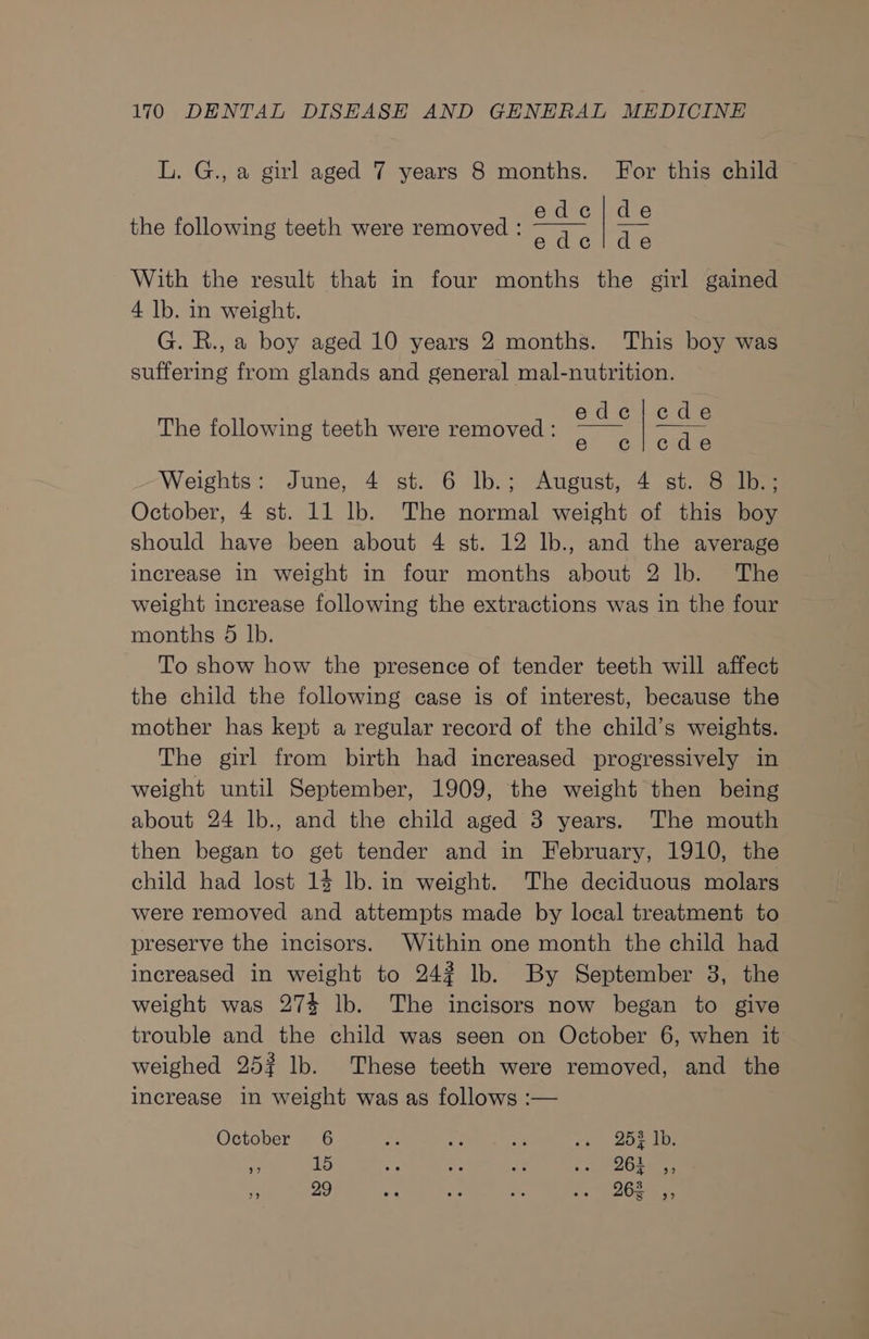 L. G., a girl aged 7 years 8 months. For this child de de With the result that in four months the girl gained 4 lb. in weight. G. R., a boy aged 10 years 2 months. This boy was suffering from glands and general mal-nutrition. ede ede the following teeth were removed : edeicde e clcde Weights: June, 4 st. 6 lb.; August, 4 st. 8 Ib; October, 4 st. 11 lb. The normal weight of this boy should have been about 4 st. 12 lb., and the average increase in weight in four months about 2 lb. The weight increase following the extractions was in the four months 56 lb. To show how the presence of tender teeth will affect the child the following case is of interest, because the mother has kept a regular record of the child’s weights. The girl from birth had increased progressively in weight until September, 1909, the weight then being about 24 lb., and the child aged 3 years. The mouth then began to get tender and in February, 1910, the child had lost 14 lb. in weight. The deciduous molars were removed and attempts made by local treatment to preserve the incisors. Within one month the child had increased in weight to 242 lb. By September 3, the weight was 274 lb. The incisors now began to give trouble and the child was seen on October 6, when it weighed 25? lb. These teeth were removed, and the increase in weight was as follows :— The following teeth were removed : October 6 na ar a «s 25% Ib: re 15 is re i «- “2Ghes 4 29 ea rf oe cs OES