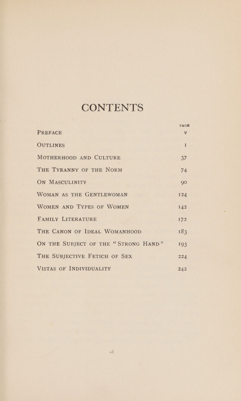 CONTENTS MOTHERHOOD AND CULTURE THE TYRANNY OF THE NORM ON MASCULINITY WOMAN AS THE GENTLEWOMAN WOMEN AND TYPES OF WOMEN FAMILY LITERATURE THE CANON OF IDEAL WOMANHOOD ON THE SUBJECT OF THE “STRONG HAND” THE SUBJECTIVE FETICH OF SEX VISTAS OF INDIVIDUALITY PAGE