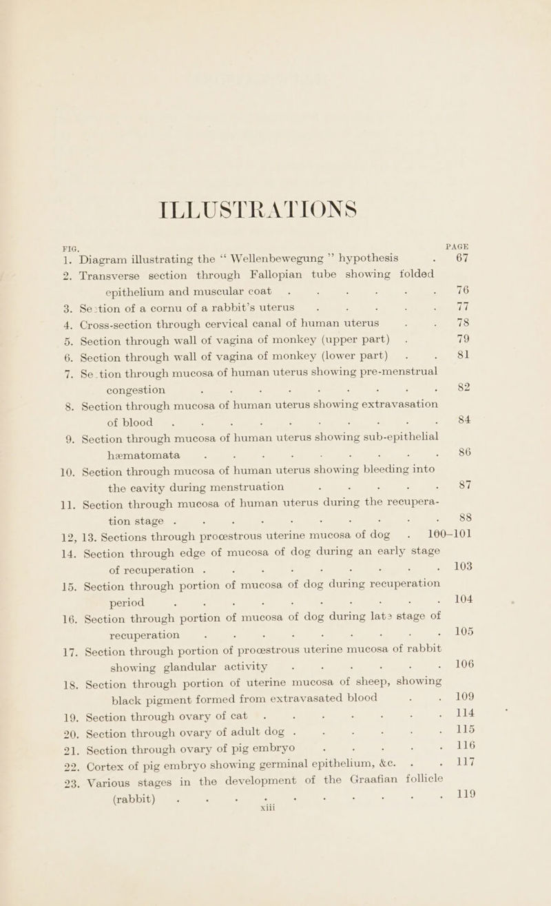 rm bw bw bw aA oF &amp; =) OO bw ILLUSTRATIONS xili : Diagram illustrating the ‘“‘ Wellenbewegung ”’ hypothesis 67 . Transverse section through Fallopian tube showing tolded epithelium and muscular coat 76 . Se:tion of a cornu of a rabbit’s uterus le . Cross-section through cervical canal of human uterus 78 . Section through wall of vagina of monkey (upper part) 79 . Section through wall of vagina of monkey (lower part) 81 . Se_tion through mucosa of human uterus showing pre-menstrual congestion : : : 82 . Section through mucosa of human uterus sitcnre extravasation of blood : : ; , ; 84 . Section through mucosa of human uterus showing fut Sect hematomata : . ‘ : 86 . Section through mucosa of human uterus oe bleeding into the cavity during menstruation : 87 . Section through mucosa of human uterus during the recupera- tion stage ‘ : : : : 4 tele 13. Sections through procestrous uterine mucosa of dog . 100-101 . Section through edge of mucosa of dog during an early stage of recuperation . ; : 5 103 . Section through portion of mucosa of dog during recuperation period : : ; : : 104 . Section through portion of mucosa of nee during lat&gt; stage of recuperation : ; 105 . Section through portion of procestrous uterine mucosa of rabbit showing glandular activity : ‘ 3 106 . Section through portion of uterine mucosa of sheep, showing black pigment formed from extravasated blood 109 . Section through ovary of cat 114 . Section through ovary of adult dog . 115 . Section through ovary of pig embryo : 116 . Cortex of pig embryo showing germinal epithelium, Xc. iy _ Various stages in the development of the Graafian follicle (rabbit) 119