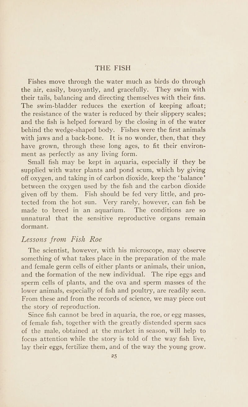 TET Be Ist Fishes move through the water much as birds do through the air, easily, buoyantly, and gracefully. They swim with their tails, balancing and directing themselves with their fins. The swim-bladder reduces the exertion of keeping afloat; the resistance of the water is reduced by their slippery scales; and the fish is helped forward by the closing in of the water behind the wedge-shaped body. Fishes were the first animals with jaws and a back-bone. It is no wonder, then, that they have grown, through these long ages, to fit their environ- ment as perfectly as any living form. Small fish may be kept in aquaria, especially if they be supplied with water plants and pond scum, which by giving off oxygen, and taking in of carbon dioxide, keep the ‘balance’ between the oxygen used by the fish and the carbon dioxide given off by them. Fish should be fed very little, and pro- tected from the hot sun. Very rarely, however, can fish be made to breed in an aquarium. The conditions are so unnatural that the sensitive reproductive organs remain dormant. Lessons from Fish Roe The scientist, however, with his microscope, may observe something of what takes place in the preparation of the male and female germ cells of either plants or animals, their union, and the formation of the new individual. The ripe eggs and sperm cells of plants, and the ova and sperm masses of the lower animals, especially of fish and poultry, are readily seen. From these and from the records of science, we may piece out the story of reproduction. Since fish cannot be bred in aquaria, the roe, or egg masses, of female fish, together with the greatly distended sperm sacs of the male, obtained at the market in season, will help to focus attention while the story is told of the way fish live, lay their eggs, fertilize them, and of the way the young grow.