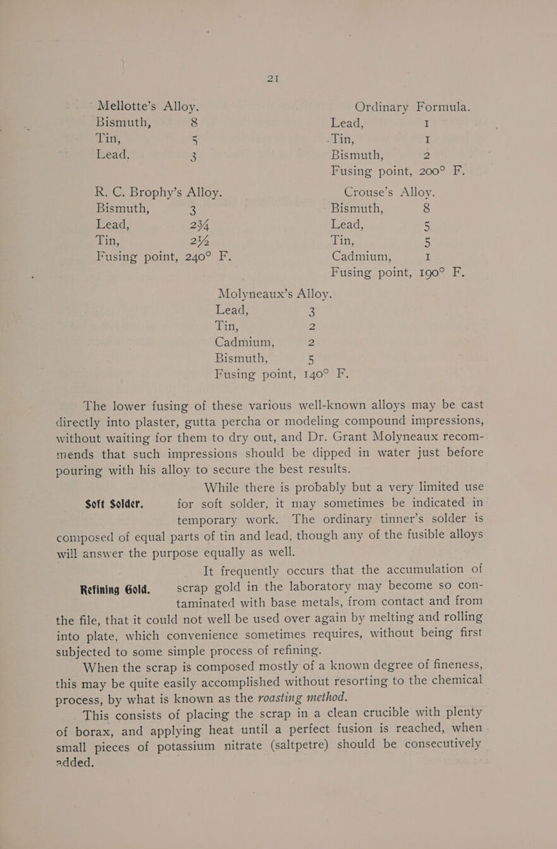 Mellotte’s Alloy. Ordinary Formula. Bismuth, 8 Lead, I Tis, e oer, I Lead, e Bismuth, 2 Fusing point, 200° F. R. C. Brophy’s Alloy. Crouse’s Alloy. Bismuth, @ Bismuth, 8 ead, 234 Ilead, 5 deity, 2V, Dink 5 Fusing point, 240° F. Cadmium, I Fusing point, 190° F, Molyneaux’s Alloy. ead: 3 Tin, 2 Cadmium, 2 Bismuth, 5 Fusing point, 140° F. The lower fusing of these various well-known alloys may be cast directly into plaster, gutta percha or modeling compound impressions, without waiting for them to dry out, and Dr. Grant Molyneaux recom- mends that such impressions should be dipped in water just before pouring with his alloy to secure the best results. While there is probably but a very limited use Soft Solder. for soft solder, it may sometimes be indicated in temporary work. The ordinary tinner’s solder is composed of equal parts of tin and lead, though any of the fusible alloys will answer the purpose equally as well. It frequently occurs that the accumulation of Refining Gold. scrap gold in the laboratory may become so con- taminated with base metals, from contact and from the file, that it could not well be used over again by melting and rolling into plate, which convenience sometimes requires, without being first subjected to some simple process of refining. When the scrap is composed mostly of a known degree of fineness, this may be quite easily accomplished without resorting to the chemical process, by what is known as the roasting method. This consists of placing the scrap in a clean crucible with plenty of borax, and applying heat until a perfect fusion is reached, when small pieces of potassium nitrate (saltpetre) should be consecutively added.