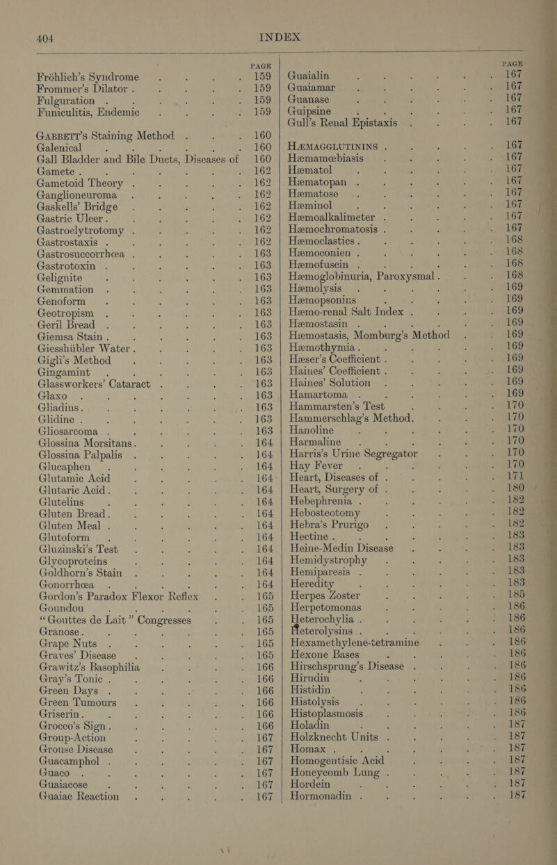 Fréhlich’s Syndrome ; ; see has Frommer’s Dilator . : ; : cing Fulguration . EArt ‘ 159 Funiculitis, Endemic : : : 2 159 GABBETT’S Staining Method . , . ©4160 Galenical : 160 Gall Bladder and Bile Duets, Digeases of 160 Gamete . ; 162 Gametoid Theor ‘ee : arate ubGS Ganglioneuroma . : : : aed 4 31 Gaskells’ Bridge. : ‘ 62 Gastric Ulcer. ? ; : ‘ st h62 Gastroelytrotomy . : : 162 Gastrostaxis . ; : ; ; P16? Gastrosuccorrhea . ; A : . 168 Gastrotoxin . ; 4 ; ; ieee Gelignite ; : : : : igh Ge Gemmation . : h } ‘ ee Ga Genoform : ; ; : : the Geotropism . : : 5 , Baap at (eril Bread. : ! ‘ : :uLGS Giemsa Stain . : : : y ei6s Giesshiibler Water . ; i : is16d Gigh’s Method . ; ' ; MLGS Gingamint . : ; (168 Glassworkers’ Cataract . 2 : mit6S Glaxo . ; . : : ; Anis Gliadins. } , : : : hL63 Glidine . : ; ; : ' .( e168 Gliosarcoma . ; s ‘ “163 Glossina Morsitans. : : : weed Glossina Palpalis . i ; : . 164 Glucaphen . ; : ; ; . 164 Glutamic Acid ; ; ; : bat Glutarice Acid. . ; . . ra 164 Glutelins : ; ; : : . 164 Gluten Bread. : : , : 164 Gluten Meal . ; ; : ; Roatan | Glutoform . : ; : : oot Gluzinski’s Test. : ; : nt Ge Glycoproteins d : : : wre (Goldhorn’s Stain . ‘ ‘ ; . 164 Gonorrhea . : no h6A Gordon’s Paradox Flexor Reflex ¢ 4eglGh Goundou : ¢ ar tGS “Gouttes de Lait” Con gresses : i166 Granose. ’ : ; ; : LL BD Grape Nuts . ‘ i ; : / 2165 Graves’ Disease : ; ; ’ seep Grawitz’s Basophilia . ; LAGS Gray’s Tonic . : ; ; , id166 Green Days . Store se G6 Green Tumours. ; ; ; . 166 Griserin . . . : : : ‘ibe Grocco’s Sign . : 3 ; ; . 166 Group-Action ; j ety Grouse Disease 3 : : : ein, Guacamphol . , ' ; : Seley Guaco . ; : 7 7 : Be Guaiacose ; : i ; , ye AGT Guaiae Reaction . , ‘ : Stel? Guaialin Guaiamar. Guanase Guipsine : Gull’s Renal Epistaxis HA&MAGGLUTININS . Hemameebiasis Hematol Hematopan Hematose Heminol 3 Hemoalkalimeter . Hemochromatosis . Hemoclastics . Heemoconien . Hemofuscin . Hemoglobinuria, Paroxysmal . Hemolysis ; Heemopsonins : Hemo-renal Salt Index : Hemostasin Hemostasis, Momburg's s Method Hemothymia . Heser’s Coefficient : Haines’ Coefficient . Haines’ Solution Hamartoma Hammarsten’s Test y Hammerschlag’s Method. Hanoline Harmaline Harris’s Urine Segregator Hay Fever Heart, Diseases of . Heart, Surgery of . Hebephrenia . Hebosteotomy Hebra’s Prurigo Hectine . Heine-Medin Disease Hemidystrophy Hemiparesis . Heredity Herpes Zoster Herpetomonas Heterochylia . eterolysins . Hexamethylene- sotramine Hexone Bases Hirschsprung’s Disease Hirudin Histidin Histolysis Histoplasmosis Holadin ; , Holzknecht Units . Homax , Homogentisic ‘Acid Honeycomb me Hordein Hormonadin .