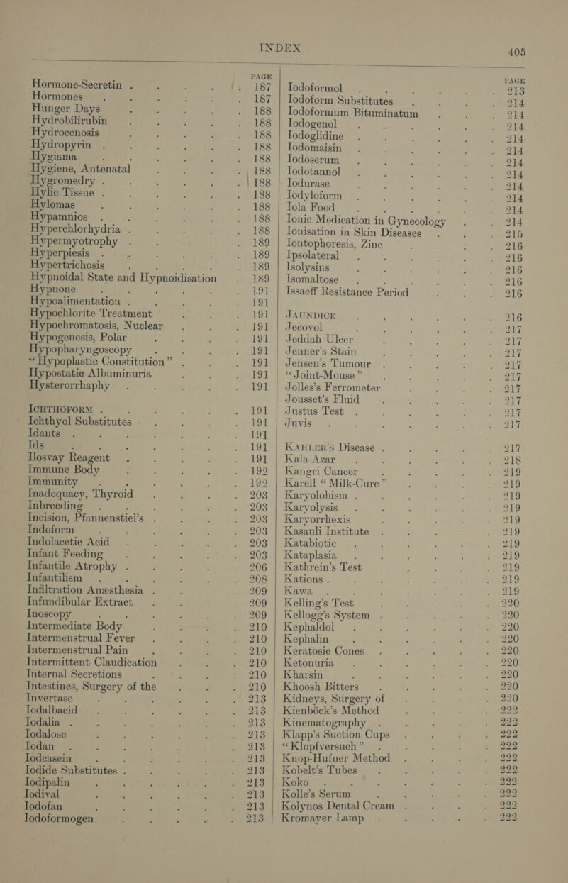 PAGE PAGE Hormone-Secretin . 187 | Iodoformol 213 Hormones 187 | Iodoform Substitutes 214 Hunger Days 188 | Iodoformum Bituminatum 214 Hydrobilirubin 188 | Iodogenol 214 Hydrocenosis 188 Todoglidine 214 Hydropyrin 188 | Iodomaisin 214 Hygiama , 188 | Iodoserum 214 Hygiene, Antenatal 188 | Iodotannol 214 Hygromedry . / 188 | Iodurase 214 Hylic Tissue . 188 | lodyloform 214 Hylomas 188 | Iola Food 214 Hypamnios 5 188 | Ionic Medication in Gynecology 214 Hyperchlorhydria . 188 | Ionisation in Skin Diseases 215 Hypermyotrophy 189 | lontophoresis, Zine 216 yperpiesis 189 | Ipsolateral 216 Hypertrichosis : 189 | Isolysins 216 Hypnoidal State and Hypnoidisation 189 | Isomaltose 216 Hypnone ; 191 | Issaeff Resistance Period 216 Hypoalimentation . ; 191 Hypochlorite Treatment 191 | JAUNDICE 216 Hypochromatosis, Nuclear 191 | Jecovol : 217 Hypogenesis, Polar 191 | Jeddah Ulcer 217 Hypopharyngoscopy 191 | Jenner’s Stain 217 “‘ Hypoplastic Constitution ” 191 | Jensen’s Tumour 217 Hypostatie Albuminuria 191 | ‘Joint-Mouse” 217 Hysterorrhaphy 191 | Jolles’s Ferrometer 217 Jousset’s Fluid 217 ICHTHOFORM . : 191 | Justus Test 217 Ichthyol Substitutes 191 | Juvis 217 Idants 191 Ids 191 | KAHLER’S Disease . 217 Tlosvay Reagent 191 | Kala-Azar 218 Immune Body 192 | Kangri Cancer : 219 Immunity. 192 | Karell “ Milk-Cure” 219 Inadequacy, Thyroid 203 | Karyolobism . 219 Inbreedin 203 | Karyolysis 219 Incision, Pfan nenstiel’s 203 | Karyorrhexis 219 Indoform : 203 | Kasauli Institute 219 Indolacetic Acid 203 | Katabiotic 219 Infant Feeding : 203 | Kataplasia 219 Infantile Atrophy . 206 | Kathrein’s Test 219 Infantilism 208 | Kations . 219 Infiltration Anwsthesia . 209 | Kawa 219 Infundibular Extract 209 | Kelling’s Test 220 Inoscopy . 209 Kellogg’ s System 220 Intermediate Body 210 | Kephaldol 220 Intermenstrual Fever 210 | Kephalin 220 Intermenstrual Pain 210 | Keratosic Cones 220 Intermittent Claudication 210 | Ketonuria 220 Internal Secretions 210 | Kharsin 220 Intestines, Surgery of the 210 | Khoosh Bitters 220 Invertase 213 | Kidneys, Surgery of 220 Todalbacid 213 | Kienbock’s Method 222 Todalia 213 | Kinematography . 222 Todalose 213 | Klapp’s Suction Cups 222 Todan 213 | “Klopfversuch” . 222 lodeasein 213 | Knop-Hufner Method 222 Iodide Substitutes . 213 | Kobelt’s Tubes 22 = Todipalin ; 213 | Koko — 222 Iodival 213 | Kolle’s Serum 222 Iodofan 213 | Kolynos Dental Cream 222 Iodoformogen 213 | Kromayer Lamp 222