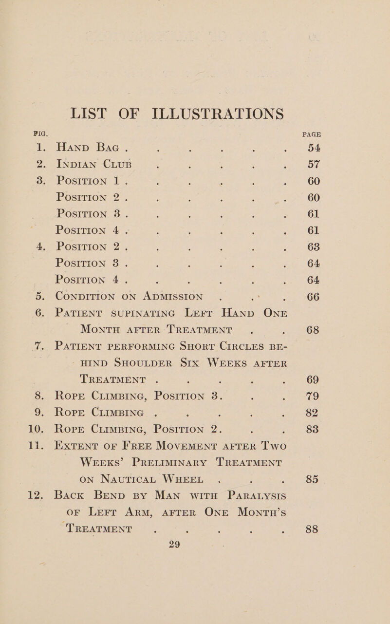 12. LIST OF ILLUSTRATIONS PAGE Hanp Bac. : ‘ : : : 54 INDIAN CLUB A F ; ; oon PosITION 1. : : ; ; ; 60 POSITION 2°. : ; : : : 60 POSITION 38. 61 POSITION 4 . 61 POSITION 2. 63 POSITION 3. 64 POSITION 4 . : : f ; : 64 CONDITION ON ADMISSION . as ! 66 PATIENT SUPINATING LEFr HAND ONE MonTH AFTER TREATMENT . ; 68 PATIENT PERFORMING SHORT CIRCLES BE- - HIND SHOULDER Six WEEKS AFTER TREATMENT . ; : : : 69 Rope CLIMBING, POSITION 38. ; satan Rope CLIMBING . ‘ ; : 2-62 Roper CLIMBING, POSITION 2. : : 83 EXTENT OF FREE MOVEMENT AFTER Two WEEKS’ PRELIMINARY TREATMENT ON NautTicaL WHEEL . ‘ , 85 Back BEND By MAN wiTH PARALYSIS oF LEerr ARM, AFTER ONE Montu’s ‘TREATMENT. 88