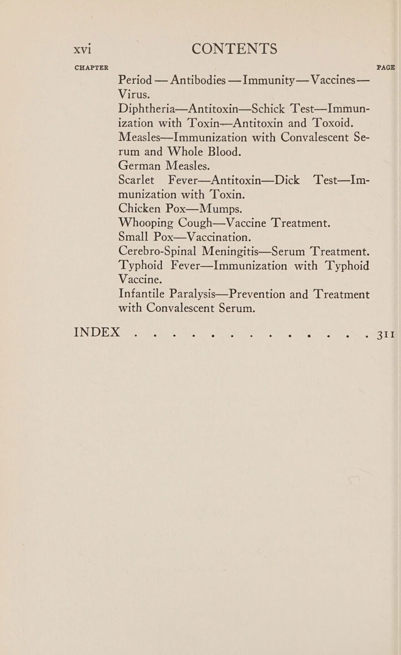 CONTENTS Period — Antibodies — Immunity — Vaccines — Virus. Diphtheria—Antitoxin—Schick ‘Test—Immun- ization with Toxin—Antitoxin and Toxoid. Measles—Immunization with Convalescent Se- rum and Whole Blood. German Measles. Scarlet Fever—Antitoxin—Dick ‘T‘est—Im- munization with Toxin. Chicken Pox—Mumps. Whooping Cough—Vaccine Treatment. Small Pox—Vaccination. Cerebro-Spinal Meningitis—Serum Treatment. Typhoid Fever—Immunization with Typhoid Vaccine. Infantile Paralysis—Prevention and Treatment with Convalescent Serum.