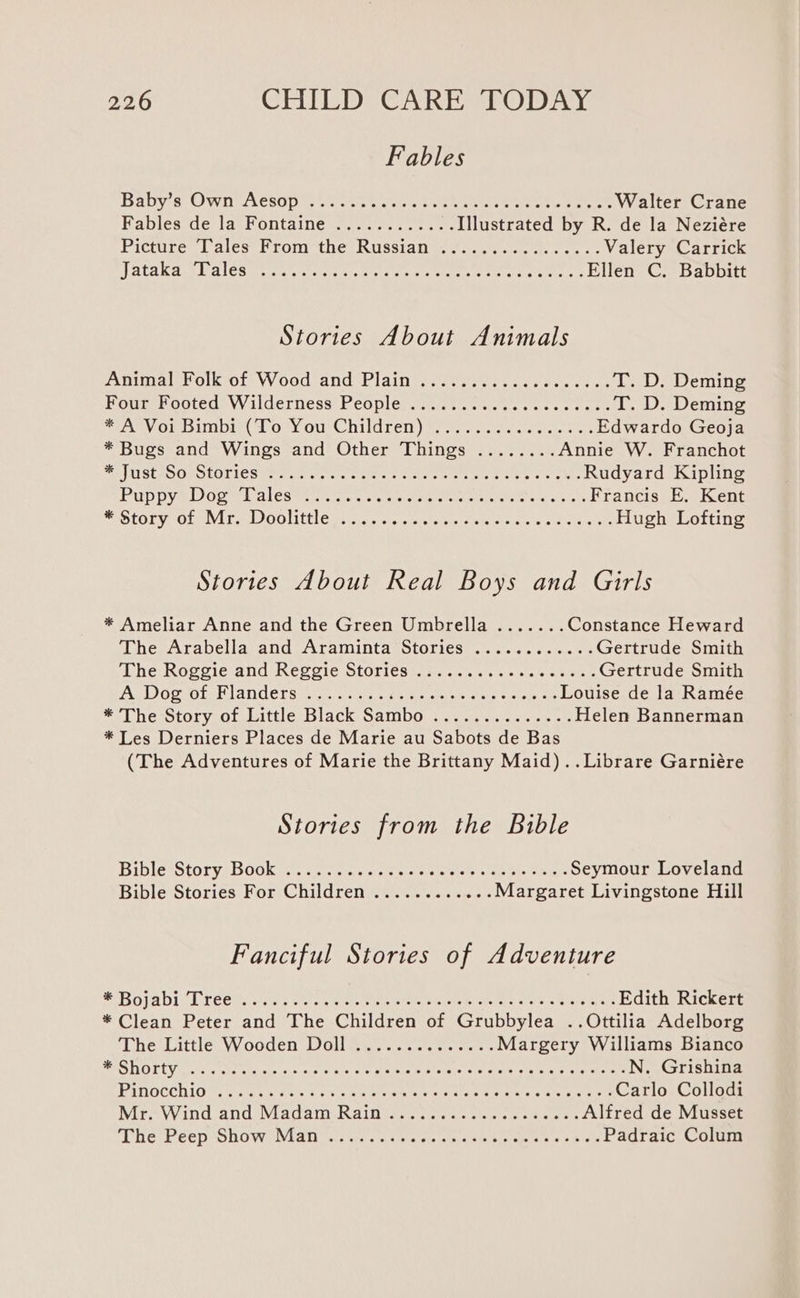 Fables Babee Own Chop sy ves ss eaves wor tide eee hie te ee Walter Crane Kablés de la Pontaine...40- 5 ee Illustrated by R. de la Neziére Piette; | aves Mrom the Russia ner we ee een tee Valery Carrick Vataka cL ole¢ ti gay vata eer came Ellen C. Babbitt Stories About Animals AiibvalolkoL: Wood-and' Plain’... 5.) sae cs oes oe an T. D. Deming Pour-Footed Wilderness People, or... ss occ. ess. cae se T. D. Deming AAV OF iar oY OU Cid ren) pec aie cece Edwardo Geoja * Bugs and Wings and Other Things ........ Annie W. Franchot MIM S( AC ORO LOTICR yer. Ge crete ec he sa sean eae tt ee Rudyard Kipling Puppy eDoo wt alesoias &lt;6. cies Mare betas om eb an Francis E. Kent WSTGLY OLeWVAT cd OOONIICLE SG c0 oy ciereteor stew reece cco alate Hugh Lofting Stories About Real Boys and Girls * Ameliar Anne and the Green Umbrella ....... Constance Heward The Arabella and Araminta Stories ............ Gertrude Smith The Roggie and Reggie Stories: 2. 2... 63+ sewese ee Gertrude Smith AOR Or MIgnders caus cin. et eae aly seis tise ei Louise de la Ramée * The Story.ot.little:;Black Sambo... ves. .s 2% Helen Bannerman * Les Derniers Places de Marie au Sabots de Bas (The Adventures of Marie the Brittany Maid) ..Librare Garniére Stories from the Bible Bible:Story DO0k st . cca we vee basse ile Aa phe ee Seymour Loveland Bible Stories For Children ............ Margaret Livingstone Hill Fanciful Stories of Adventure Se Rojabinl ree. cece veins er Matera omer ue are Share cen arses Edith Rickert * Clean Peter and The Children of Grubbylea ..Ottilia Adelborg ‘Phe Little Wooden olltino.. aon oe ee eo Margery Williams Bianco RESTOLUM aie atiaisisisactoiace Hearne as etre aie one Us trweetee N. Grishina BIndCCHIO Sees cows hon ee cieaik a et nic moet «epee Carlo Collodi Mirror Wind and Nada Ralive. sus ate chess Alfred de Musset The Peep ohow Niall awa, os csie sis oa,sme wee eee Padraic Colum