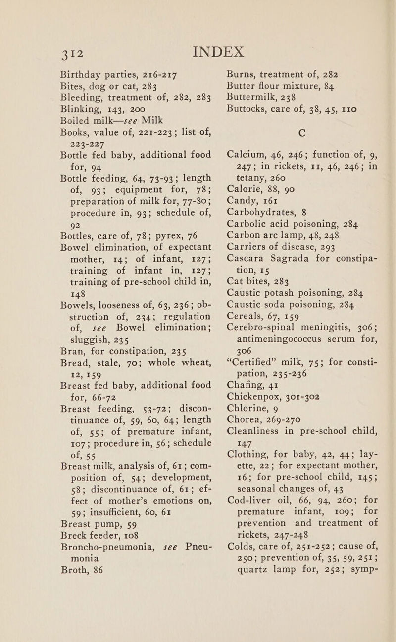 Birthday parties, 216-217 Bites, dog or cat, 283 Bleeding, treatment of, 282, 283 Blinking, 143, 200 Boiled milk—see Milk Books, value of, 221-223; list of, 223-227 Bottle fed baby, additional food for, 94 Bottle feeding, 64, 73-93; length of, 93; equipment for, 78; preparation of milk for, 77-80; procedure in, 93; schedule of, 92 Bottles, care of, 78; pyrex, 76 Bowel elimination, of expectant mother, 14; of infant, 127; training of infant in, 127; training of pre-school child in, 148 Bowels, looseness of, 63, 236; ob- struction of, 234; regulation of, see Bowel elimination; sluggish, 235 Bran, for constipation, 235 Bread, stale, 70; whole wheat, 12, 159 Breast fed baby, additional food for, 66-72 Breast feeding, 53-72; discon- tinuance of, 59, 60, 64; length of, 55; of premature infant, 107; procedure in, 56; schedule of, 55 Breast milk, analysis of, 61; com- position of, 54; development, 58; discontinuance of, 61; ef- fect of mother’s emotions on, 59; insufficient, 60, 61 Breast pump, 59 Breck feeder, 108 Broncho-pneumonia, see Pneu- monia Broth, 86 Burns, treatment of, 282 Butter flour mixture, 84 Buttermilk, 238 Buttocks, care of, 38, 45, 110 Cc Calcium, 46, 246; function of, 9, 2473 in rickets, 11, 46, 2463 in tetany, 260 Calorie, 88, 90 Candy, 161 Carbohydrates, 8 Carbolic acid poisoning, 284 Carbon arc lamp, 48, 248 Carriers of disease, 293 Cascara Sagrada for constipa- tion, 15 Cat bites, 283 Caustic potash poisoning, 284 Caustic soda poisoning, 284 Cereals, 67, 159 Cerebro-spinal meningitis, 306; antimeningococcus serum for, 306 “Certified” milk, 75; for consti- pation, 235-236 Chafing, 41 Chickenpox, 301-302 Chlorine, 9 Chorea, 269-270 Cleanliness in pre-school child, 147 Clothing, for baby, 42, 44; lay- ette, 22; for expectant mother, 16; for pre-school child, 145; seasonal changes of, 43 Cod-liver oil, 66, 94, 260; for premature infant, 109; for prevention and treatment of rickets, 247-248 Colds, care of, 251-252; cause of, 250; prevention of, 35, 59, 251; quartz lamp for, 252; symp-