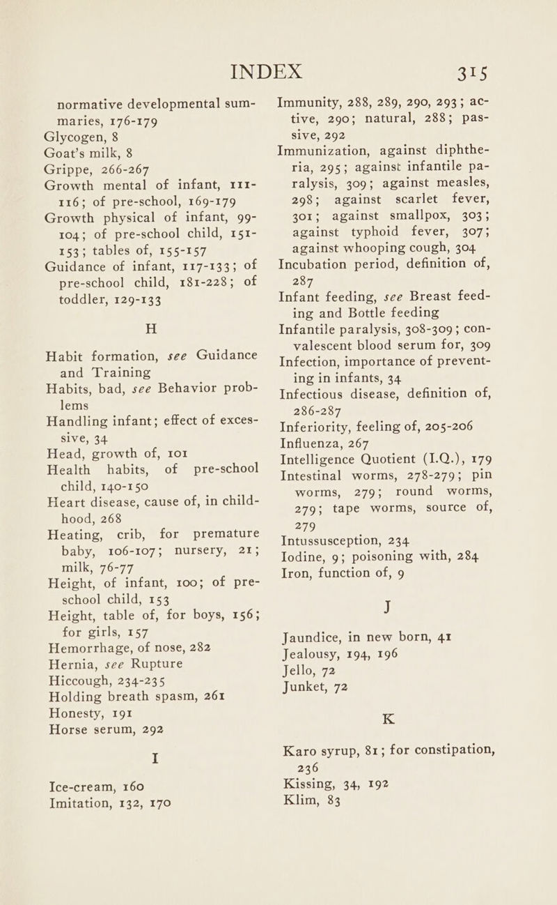 normative developmental sum- maries, 176-179 Glycogen, 8 Goat’s milk, 8 Grippe, 266-267 Growth mental of infant, 1r11- 116; of pre-school, 169-179 Growth physical of infant, 99- 104; of pre-school child, 151- 153; tables of, 155-157 Guidance of infant, 117-133; of pre-school child, 181-228; of toddler, 129-133 H Habit formation, see Guidance and Training Habits, bad, see Behavior prob- lems Handling infant; effect of exces- sive, 34 Head, growth of, 1o1 Health habits, of pre-school child, 140-150 Heart disease, cause of, in child- hood, 268 Heating, crib, for premature baby, 106-107; nursery, 21; milk, 76-77 Height, of infant, 100; of pre- school child, 153 Height, table of, for boys, 156; for girls, 157 Hemorrhage, of nose, 282 Hernia, see Rupture Hiccough, 234-235 Holding breath spasm, 261 Honesty, 191 Horse serum, 292 I Ice-cream, 160 Imitation, 132, 170 315 Immunity, 288, 289, 290, 293; ac- tive, 290; natural, 288; pas- sive, 292 Immunization, against diphthe- ria, 295; against infantile pa- ralysis, 309; against measles, 298; against scarlet fever, 301; against smallpox, 303; against typhoid fever, 307; against whooping cough, 304 Incubation period, definition of, 287 Infant feeding, see Breast feed- ing and Bottle feeding Infantile paralysis, 308-309 ; con- valescent blood serum for, 309 Infection, importance of prevent- ing in infants, 34 Infectious disease, definition of, 286-287 Inferiority, feeling of, 205-206 Influenza, 267 Intelligence Quotient (I.Q.), 179 Intestinal worms, 278-279; pin worms, 279; round worms, 279; tape worms, source of, 279 Intussusception, 234 Iodine, 9; poisoning with, 284 Iron, function of, 9 J Jaundice, in new born, 41 Jealousy, 194, 196 Jello, 72 Junket, 72 K Karo syrup, 81; for constipation, 236 Kissing, 34, 192 Klim, 83