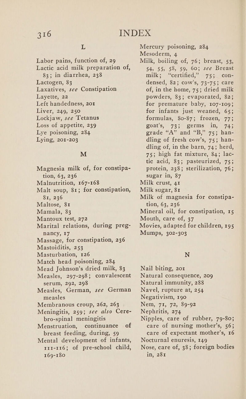 210 L Labor pains, function of, 29 Lactic acid milk preparation of, 83; in diarrhea, 238 Lactogen, 83 Laxatives, see Constipation Layette, 22 Left handedness, 201 Liver, 249, 250 Lockjaw, see ‘Tetanus Loss of appetite, 239 Lye poisoning, 284 Lying, 201-203 M Magnesia milk of, for constipa- tion, 63, 236 Malnutrition, 167-168 Malt soup, 81; for constipation, 81, 236 Maltose, 81 Mamala, 83 Mantoux test, 272 Marital relations, during preg- nancy, 17 Massage, for constipation, 236 Mastoiditis, 253 Masturbation, 126 Match head poisoning, 284 Mead Johnson’s dried milk, 83 Measles, 297-298; convalescent serum, 292, 298 Measles, German, see German measles Membranous croup, 262, 263 Meningitis, 259; see also Cere- bro-spinal meningitis Menstruation, continuance of breast feeding, during, 59 Mental development of infants, 111-116; of pre-school child, 169-180 Mercury poisoning, 284 Mesoderm, 4 Milk, boiling of, 76; breast, 53, 54, 55, 58, 59, 60; see Breast milk; “certified,” 75; con- densed, 82; cow’s, 73-75; care of, in the home, 75; dried milk powders, 83; evaporated, 82; for premature baby, 107-109; for infants just weaned, 65; formulas, 80-87; frozen, 77; goat’s, 73; germs in, 74; grade “A” and “B,” 75; han- dling of fresh cow’s, 75; han- dling of, in the barn, 74; herd, 75; high fat mixture, 84; lac- tic acid, 83; pasteurized, 75; protein, 238; sterilization, 76; sugar in, 87 Milk crust, 41 Milk sugar, 81 Milk of magnesia for constipa- tion, 63, 236 Mineral oil, for constipation, 15 Mouth, care of, 37 Movies, Biapred for childrent 195 ines 302-303 N Nail biting, 201 Natural consequence, 209 Natural immunity, 288 Navel, rupture at, 254 Negativism, 190 Nem, 71, 72, 89-92 Nephritis, 274 Nipples, care of rubber, 79-80; care of nursing mother’s, 56; care of expectant mother’s, 16 Nocturnal enuresis, 149 Nose, care of, 38; foreign bodies in, 281