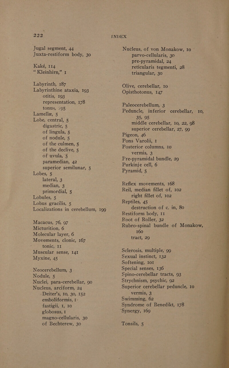 Jugal segment, 44 Juxta-restiform body, 30 Kaké, 114 “ Kleinhirn,” 1 Labyrinth, 187 Labyrinthine ataxia, 193 otitis, 193 representation, 178 tonus, :95 -Lamelle, 5 Lobe, central, 5 digastric, 5 of lingula, 5 of nodule, 5 of the culmen, 5 of the declive, 5 of uvula, 5 paramedian, 42 superior semilunar, 5 Lobes, 5 lateral, 3 median, 3 primordial, 5 Lobules, 5 Lobus gracilis, 5 Macacus, 76, 97 Micturition, 6 Molecular layer, 6 Movements, clonic, 167 tonic, II Muscular sense, I41 Myxine, 45 Neocerebellum, 3 Nodule, 5 Nucleus, arciform, 24 Deiter’s, 10, 30, 152 emboliformis, 1: fastigii, I, I0 globosus, 1 magno-cellularis, 30 of Bechterew, 30 Nucleus, of von Monakow, Io © parvo-cellularis, 30 pre-pyramidal, 24 reticularis tegmenti, 28 triangular, 30 Olive, cerebellar, 10 Opisthotonus, 147 Paleocerebellum, 3 Peduncle, inferior cerebellar, 10, E555 middle cerebellar, 10, 22, 98 superior cerebellar, 27, 99 Pigeon, 46 Pons Varolii, 1 Posterior columns, 10 vermis, 3 Fre-pyramidal bundle, 29 Purkinje cell, 6 Pyramid, 5 Reflex movements, 168 Reil, median fillet of, 102 right fillet of, 102 Reptiles, 45 destruction of c. in, 80 Restiform body, I1 Root of Roller, 32 Rubro-spinal bundle of Monakow, 160 tract,’ 2g Sclerosis, multiple, 99 Sexual instinct, 132 Softening, 101 Special senses, 136 Spino-cerebellar tracts, 93 » Strychnism, psychic, 92 vermis, 3 Swimming, 62 Syndrome of Benedikt, 178 Tonsils, 5