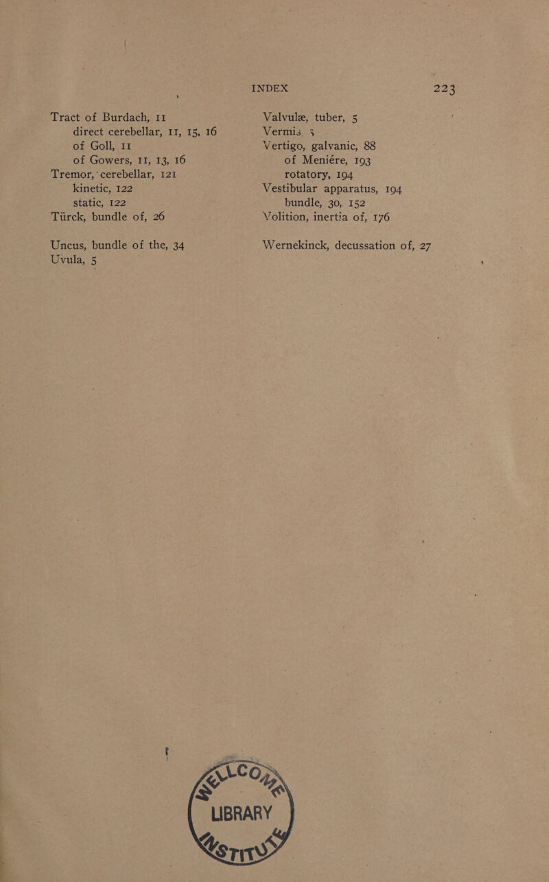 Tract of Burdach, 11 Valvule, tuber, 5 direct cerebellar, 11, 15, 16 Vermis. 3 of Goll, 11 Vertigo, galvanic, 88 of Gowers, II, 13, 16 of Meniére, 193 Tremor, ‘cerebellar, 121 rotatory, 194 kinetic, 122 Vestibular apparatus, 194 static, 122 bundle, 30, 152 Tirck, bundle of, 26 Volition, inertia of, 176 Uncus, bundle of the, 34 Wernekinck, decussation of, 27 Uvula, 5 ' sip ; LLCO, fore Oa LIBRARY