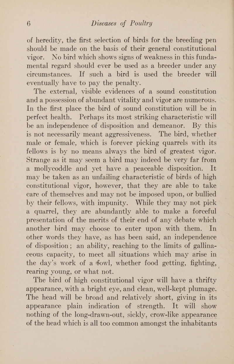 of heredity, the first selection of birds for the breeding pen should be made on the basis of their general constitutional vigor. No bird which shows signs of weakness in this funda- mental regard should ever be used as a breeder under any circumstances. If such a bird is used the breeder will eventually have to pay the penalty. The external, visible evidences of a sound constitution and a possession of abundant vitality and vigor are numerous. In the first place the bird of sound constitution will be in perfect health. Perhaps its most striking characteristic will be an independence of disposition and demeanor. By this is not necessarily meant aggressiveness. The bird, whether male or female, which is forever picking quarrels with its fellows is by no means always the bird of greatest vigor. Strange as it may seem a bird may indeed be very far from a mollycoddle and yet have a peaceable disposition. It may be taken as an unfailing characteristic of birds of high constitutional vigor, however, that they are able to take care of themselves and may not be imposed upon, or bullied by their fellows, with impunity. While they may not pick a quarrel, they are abundantly able to make a forceful presentation of the merits of their end of any debate which another bird may choose to enter upon with them. In other words they have, as has been said, an independence of disposition; an ability, reaching to the limits of gallina- ceous capacity, to meet all situations which may arise in the day's work of a ¢owl, whether food getting, fighting, rearing young, or what not. | The bird of high constitutional vigor will have a thrifty appearance, with a bright eye, and clean, well-kept plumage. The head will be broad and relatively short, giving in its appearance plain indication of strength. It will show nothing of the long-drawn-out, sickly, crow-like appearance of the head which is all too common amongst the inhabitants