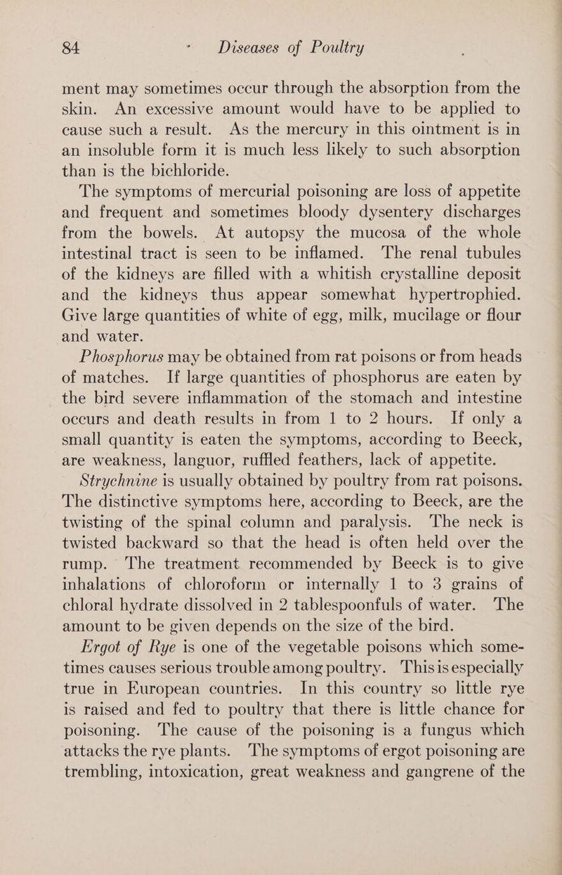 ment may sometimes occur through the absorption from the skin. An excessive amount would have to be applied to cause such a result. As the mercury in this ointment is in an insoluble form it is much less likely to such absorption than is the bichloride. The symptoms of mercurial poisoning are loss of appetite and frequent and sometimes bloody dysentery discharges from the bowels. At autopsy the mucosa of the whole intestinal tract is seen to be inflamed. The renal tubules of the kidneys are filled with a whitish crystalline deposit and the kidneys thus appear somewhat hypertrophied. Give large quantities of white of egg, milk, mucilage or flour and water. Phosphorus may be obtained from rat poisons or from heads of matches. If large quantities of phosphorus are eaten by the bird severe inflammation of the stomach and intestine occurs and death results in from 1 to 2 hours. If only a small quantity is eaten the symptoms, according to Beeck, are weakness, languor, ruffled feathers, lack of appetite. Strychnine is usually obtained by poultry from rat poisons. The distinctive symptoms here, according to Beeck, are the twisting of the spinal column and paralysis. The neck is twisted backward so that the head is often held over the rump. The treatment recommended by Beeck is to give inhalations of chloroform or internally 1 to 3 grains of chloral hydrate dissolved in 2 tablespoonfuls of water. The amount to be given depends on the size of the bird. Ergot of Rye is one of the vegetable poisons which some- times causes serious troubleamong poultry. Thisis especially true in European countries. In this country so little rye is raised and fed to poultry that there is little chance for poisoning. The cause of the poisoning is a fungus which attacks the rye plants. The symptoms of ergot poisoning are trembling, intoxication, great weakness and gangrene of the