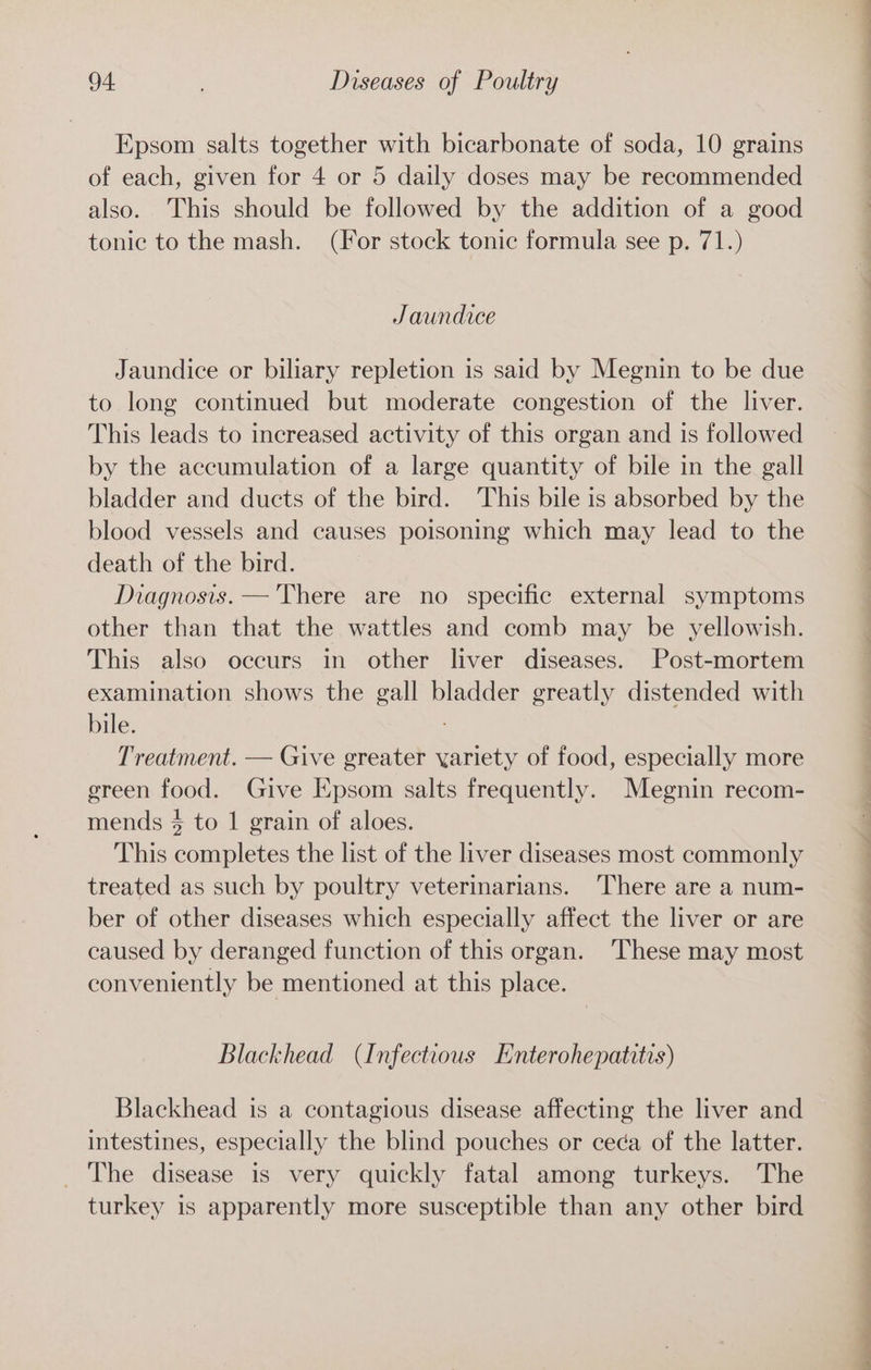 Epsom salts together with bicarbonate of soda, 10 grains of each, given for 4 or 5 daily doses may be recommended also. This should be followed by the addition of a good tonic to the mash. (For stock tonic formula see p. 71.) Jaundice Jaundice or biliary repletion is said by Megnin to be due to long continued but moderate congestion of the liver. This leads to increased activity of this organ and is followed by the accumulation of a large quantity of bile in the gall bladder and ducts of the bird. This bile is absorbed by the blood vessels and causes poisoning which may lead to the death of the bird. Diagnosis. —'There are no specific external symptoms other than that the wattles and comb may be yellowish. This also occurs in other liver diseases. Post-mortem examination shows the gall bladder greatly distended with bile. Treatment. — Give greater yariety of food, especially more green food. Give Epsom salts frequently. Megnin recom- mends 4 to 1 grain of aloes. This completes the list of the liver diseases most commonly treated as such by poultry veterinarians. ‘There are a num- ber of other diseases which especially affect the liver or are caused by deranged function of this organ. These may most conveniently be mentioned at this place. Blackhead (Infectious Enterohepatitis) Blackhead is a contagious disease affecting the liver and intestines, especially the blind pouches or ceca of the latter. _ The disease is very quickly fatal among turkeys. The turkey is apparently more susceptible than any other bird OE ee a