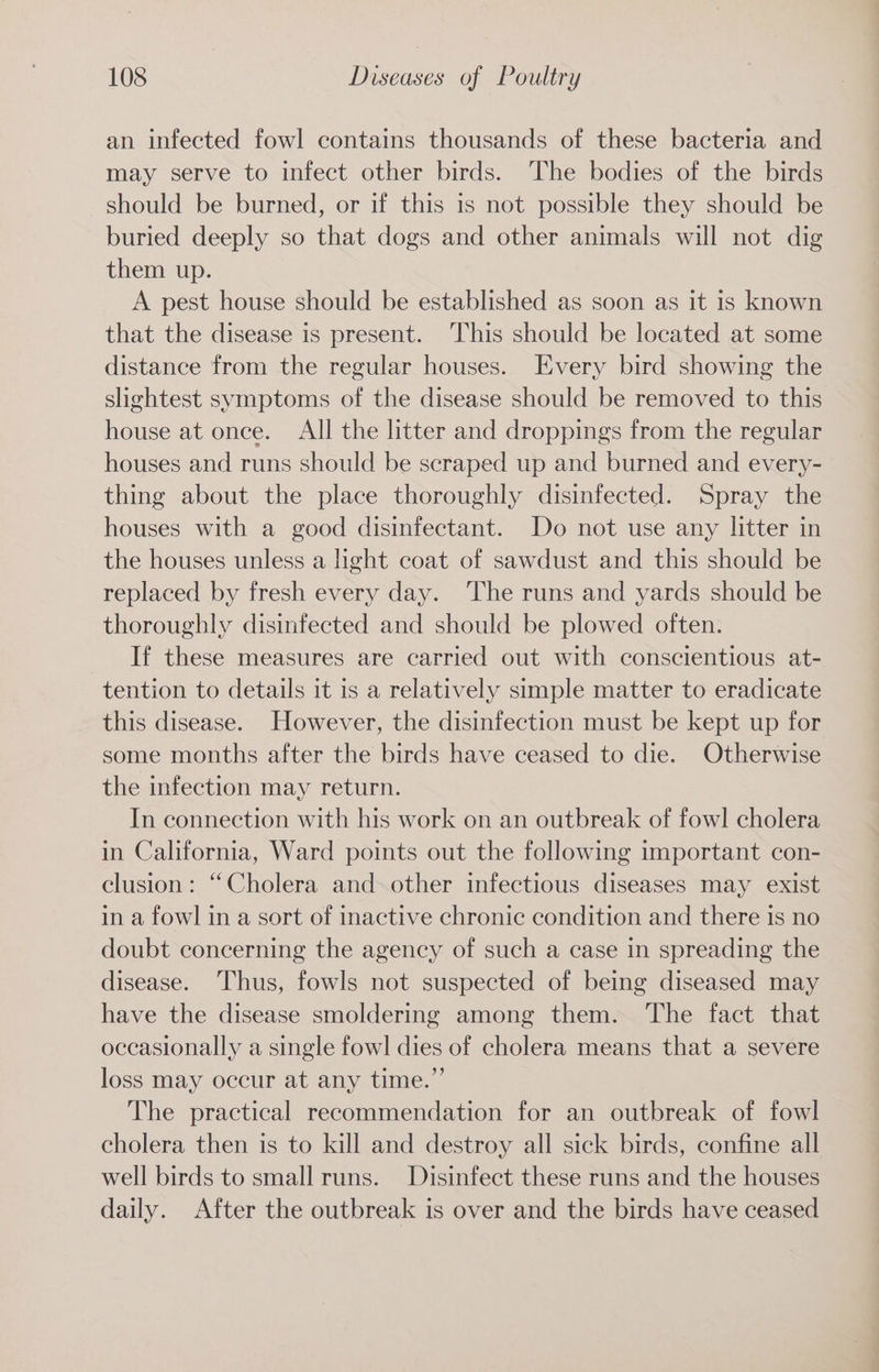 an infected fowl contains thousands of these bacteria and may serve to infect other birds. The bodies of the birds should be burned, or if this is not possible they should be buried deeply so that dogs and other animals will not dig them up. A pest house should be established as soon as it is known that the disease is present. ‘This should be located at some distance from the regular houses. Every bird showing the slightest symptoms of the disease should be removed to this house at once. All the litter and droppings from the regular houses and runs should be scraped up and burned and every- thing about the place thoroughly disinfected. Spray the houses with a good disinfectant. Do not use any litter in the houses unless a light coat of sawdust and this should be replaced by fresh every day. The runs and yards should be thoroughly disinfected and should be plowed often. If these measures are carried out with conscientious at- tention to details it is a relatively simple matter to eradicate this disease. However, the disinfection must be kept up for some months after the birds have ceased to die. Otherwise the infection may return. In connection with his work on an outbreak of fowl cholera in California, Ward points out the following important con- clusion: “Cholera and: other infectious diseases may exist in a fowl in a sort of inactive chronic condition and there is no doubt concerning the agency of such a case in spreading the disease. ‘Thus, fowls not suspected of being diseased may have the disease smoldering among them. The fact that occasionally a single fowl dies of cholera means that a severe loss may occur at any time.” The practical recommendation for an outbreak of fowl cholera then is to kill and destroy all sick birds, confine all well birds to small runs. Disinfect these runs and the houses daily. After the outbreak is over and the birds have ceased
