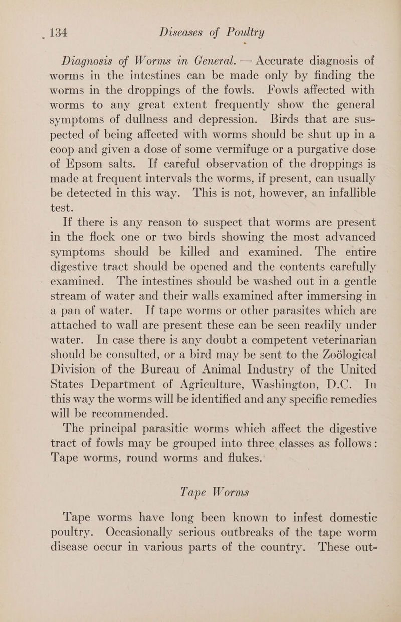 Diagnosis of Worms in General. — Accurate diagnosis of worms in the intestines can be made only by finding the worms in the droppings of the fowls. Fowls affected with worms to any great extent frequently show the general symptoms of dullness and depression. Birds that are sus- pected of being affected with worms should be shut up in a coop and given a dose of some vermifuge or a purgative dose of Epsom salts. If careful observation of the droppings is made at frequent intervals the worms, if present, can usually be detected in this way. This is not, however, an infallible test. If there is any reason to suspect that worms are present in the flock one or two birds showing the most advanced symptoms should be killed and examined. The entire digestive tract should be opened and the contents carefully examined. The intestines should be washed out in a gentle stream of water and their walls examined after immersing in a pan of water. If tape worms or other parasites which are attached to wall are present these can be seen readily under water. In case there is any doubt a competent veterinarian should be consulted, or a bird may be sent to the Zodlogical Division of the Bureau of Animal Industry of the United States Department of Agriculture, Washington, D.C. In this way the worms will be identified and any specific remedies will be recommended. The principal parasitic worms which affect the digestive tract of fowls may be grouped into three classes as follows: Tape worms, round worms and flukes.’ Tape Worms Tape worms have long been known to infest domestic poultry. Occasionally serious outbreaks of the tape worm disease occur in various parts of the country. These out-