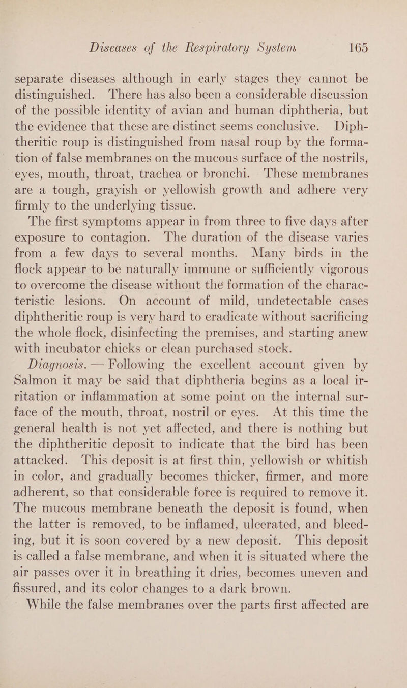 separate diseases although in early stages they cannot be distinguished. There has also been a considerable discussion of the possible identity of avian and human diphtheria, but the evidence that these are distinct seems conclusive. Diph- theritic roup is distinguished from nasal roup by the forma- tion of false membranes on the mucous surface of the nostrils, eyes, mouth, throat, trachea or bronchi. ‘These membranes are a tough, grayish or yellowish growth and adhere very firmly to the underlying tissue. The first symptoms appear in from three to five days after exposure to contagion. ‘The duration of the disease varies from a few days to several months. Many birds in the flock appear to be naturally immune or sufficiently vigorous to overcome the disease without the formation of the charac- teristic lesions. On account of mild, undetectable cases diphtheritic roup is very hard to eradicate without sacrificing the whole flock, disinfecting the premises, and starting anew with incubator chicks or clean purchased stock. Diagnosis. — Following the excellent account given by Salmon it may be said that diphtheria begins as a local ir- ritation or inflammation at some point on the internal sur- face of the mouth, throat, nostril or eyes. At this time the general health is not yet affected, and there is nothing but the diphtheritic deposit to indicate that the bird has been attacked. This deposit is at first thin, yellowish or whitish in color, and gradually becomes thicker, firmer, and more adherent, so that considerable force is required to remove it. The mucous membrane beneath the deposit is found, when the latter is removed, to be inflamed, ulcerated, and bleed- ing, but it is soon covered by a new deposit. This deposit is called a false membrane, and when it is situated where the air passes over it in breathing it dries, becomes uneven and fissured, and its color changes to a dark brown. While the false membranes over the parts first affected are