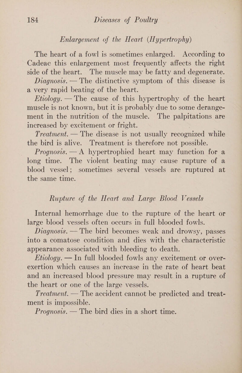 Enlargement of the Heart (Hypertrophy) The heart of a fowl is sometimes enlarged. According to Cadeac this enlargement most frequently affects the right side of the heart. The muscle may be fatty and degenerate. Diagnosis. — The distinctive symptom of this disease is a very rapid beating of the heart. Etiology. —'The cause of this hypertrophy of the heart muscle is not known, but it is probably due to some derange- ment in the nutrition of the muscle. The palpitations are increased by excitement or fright. Treatment. — The disease is not usually recognized while the bird is alive. Treatment is therefore not possible. Prognosis. — A hypertrophied heart may function for a long time. The violent beating may cause rupture of a blood vessel; sometimes several vessels are ruptured at the same time. Rupture of the Heart and Large Blood Vessels Internal hemorrhage due to the rupture of the heart or large blood vessels often occurs in full blooded fowls. Diagnosis. — The bird becomes weak and drowsy, passes into a comatose condition and dies with the characteristic appearance associated with bleeding to death. Etiology. — In full blooded fowls any excitement or over- exertion which causes an increase in the rate of heart beat and an increased blood pressure may result in a rupture of the heart or one of the large vessels. Treatment. — The accident cannot be predicted and treat- ment is impossible. Prognosis. — The bird dies in a short time.