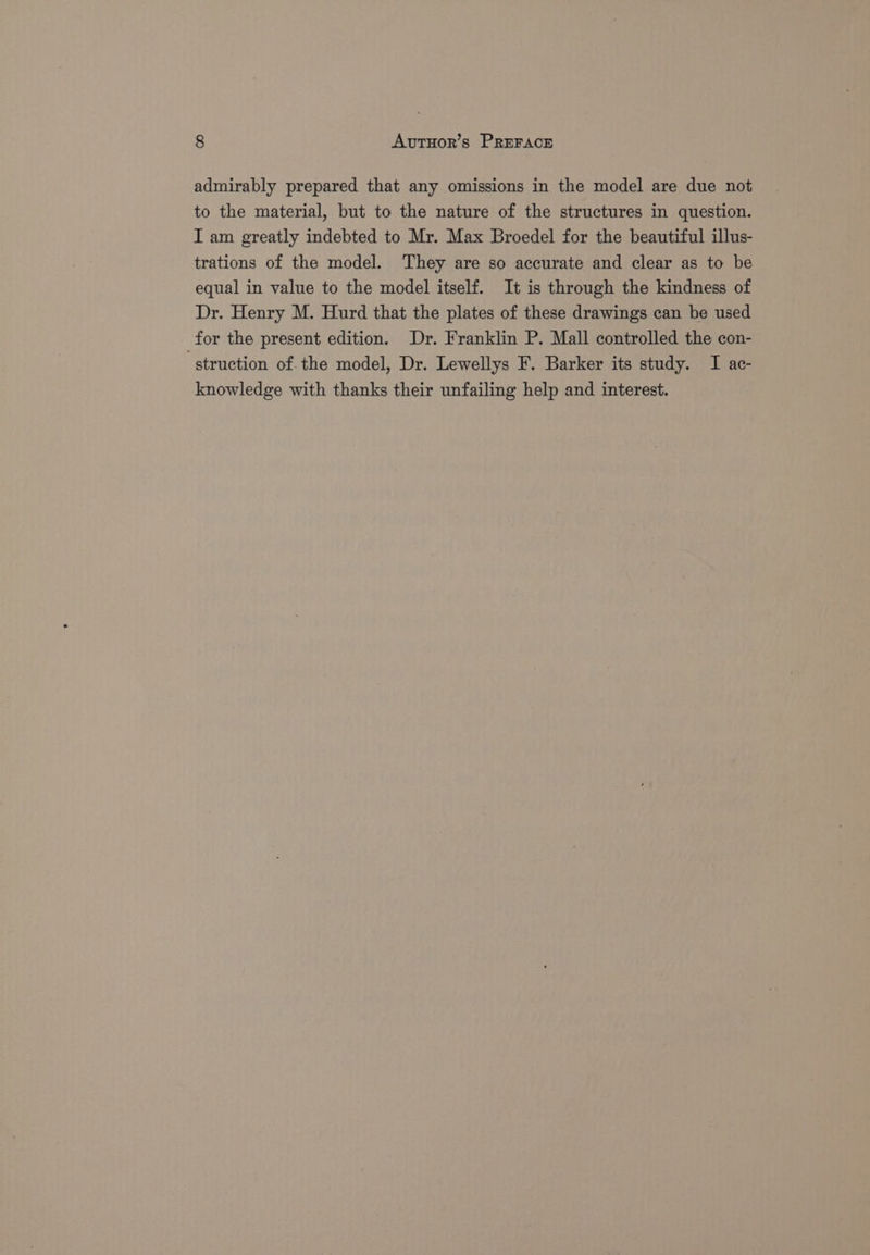 admirably prepared that any omissions in the model are due not to the material, but to the nature of the structures in question. I am greatly indebted to Mr. Max Broedel for the beautiful illus- trations of the model. They are so accurate and clear as to be equal in value to the model itself. It is through the kindness of Dr. Henry M. Hurd that the plates of these drawings can be used for the present edition. Dr. Franklin P. Mall controlled the con- struction of the model, Dr. Lewellys F. Barker its study. I ac- knowledge with thanks their unfailing help and interest.
