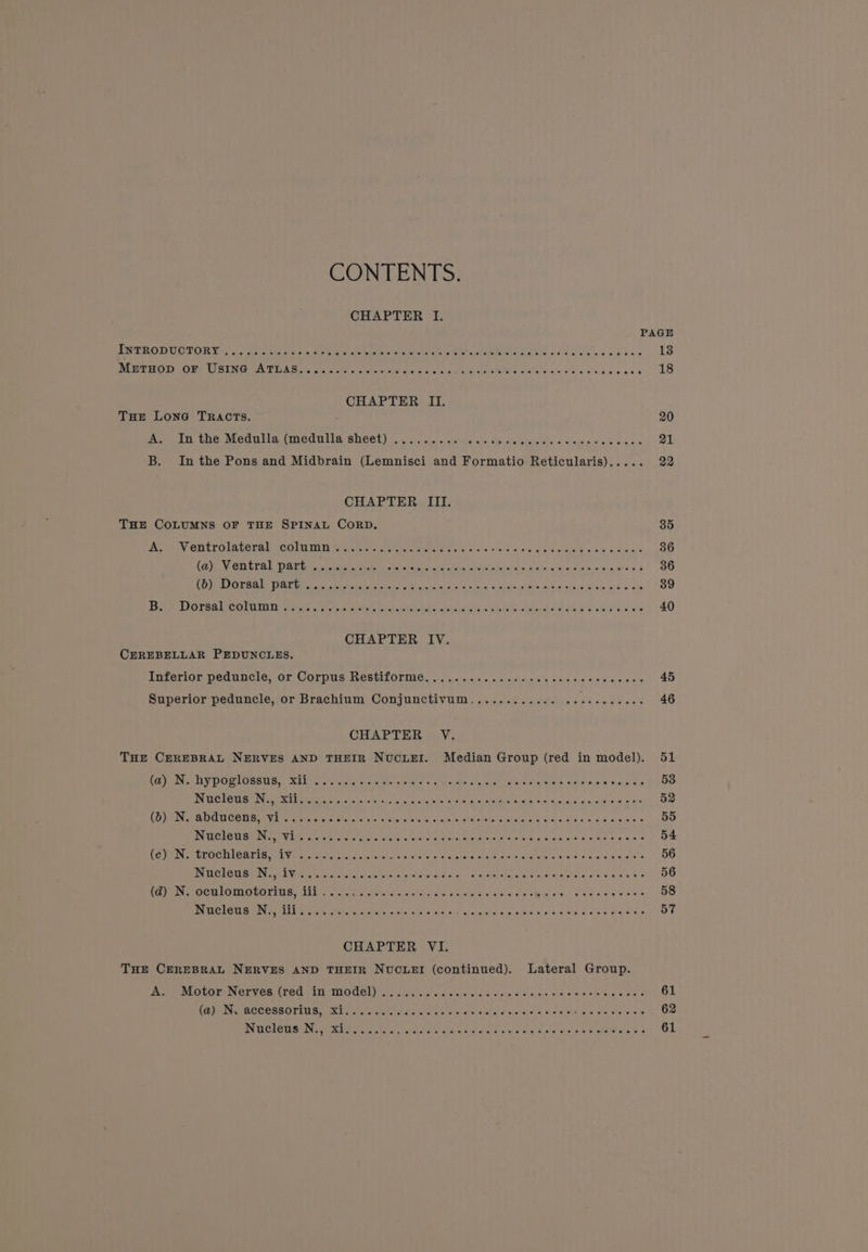 CONTENTS. CHAPTER I. PAGE INTRODUCTORY baa itis easiniats olor at Sete eeee ETN Sie ie ee RT AERIO A et ae b.e 68 oe oid dae 13 MrtHop oF USING ATLAS.........000- soles. sisi PAA 1) So ies A ee shake: CHAPTER II. THe Lone TRACTS. 20 erEAIE (He MEOUT (Ned nla SHEL) b.. <a ctaatiiele-c Ob akeichictts oieeusew oie crass 21 B. In the Pons and Midbrain (Lemnisci and Formatio Reticularis)..... 22 CHAPTER III. THE COLUMNS OF THE SPINAL CORD. 35 AC naa CHLLOLA TENA Rs COLM IND aictsierete ie reretctaate ere a lai oy sisi tere lok ahg, ale etree esis, ot. Svava 6 36 (@)L_ Ventral. pant). isieisstsh nck « SR RO as Bape ae eae Deere ee eae ee 36 Ope CS Ue IE ee roche tals erelictet aie clei atop s (0° <i =i0i = soon ole de tle eles ofp selallase int e's! ee 39 BAe DOrsalicoln ye were a step este tbh felasiels ales tees is AALS Yi, B's wv hs ate 40 CHAPTER IV. CEREBELLAR PEDUNCLES. interion peduncles or Corpus ResullOrmiG. oo sicceapv ss sisheue« w-siel's 58 618° avis cre 45 Superior peduncle, or Brachium Conjunctivum............ .. Ere tore: 46 CHAPTER V. THE CEREBRAL NERVES AND THEIR NUCLEI. Median Group (red in model). 51 (AEN by POLIOSSUBy. SIL Ge ayia cell exers! so Raul teeta td siauve mae sureis, cw ak.00e 53 IAA Ker euiap eet ls gaa Se Go GARNI GOR ent hao Sh OOH ane © fOr er 52 AD Ye NeA DO UUCOTA RV Lr mvatetalssleloisictove)oleisishaletsie, ai ein/ereveatetels}shisesie si feet sls a ayeisas 2 55 INGICLOD Be Naa EV ibe rte lett ala ciety stoic ole elector ol oer aa. sc lelsierd artes 0 8's ¢ 54 ROVE dC LLG ETS MUL VE pacnoaerrete choc Maat aviators cis clenatevavel citianeiotayafersi ah Ge spare aa snore 56 IN ECT OTES FON s REV AUT Rte acheived ae leyais! ecshsiekarsieber ih et beneral sus at sect evs) Neral ore ene 4m S-9 56 (ZEN MOCHLOMOLONIOS Wiles prcta scutes dlsnsercia cites ster o tem ales noo sajsve acsis 58 PTC LOMB N seo 1Ud Sree ietetete snietetars Haldle a dsie) t crstcideecuiee Glee wa aces Bee Ne 57 CHAPTER VI. THE CEREBRAL NERVES AND THEIR NUCLEI (continued). Lateral Group. Aa Motor Nerves, (red in Model) ei ia og koi ects s ole eeu ra ceseh uns cae 61 KG)o er ACCOSSORTUS XT atalctetatercneycletslee «even <ptalersjeleisis cc's rip ce esis) ete over 62 ON TECLOTES (De mS etcercta gy chat orcist cian ea atet aralara'e's} hay thee wo aeareeare be 61