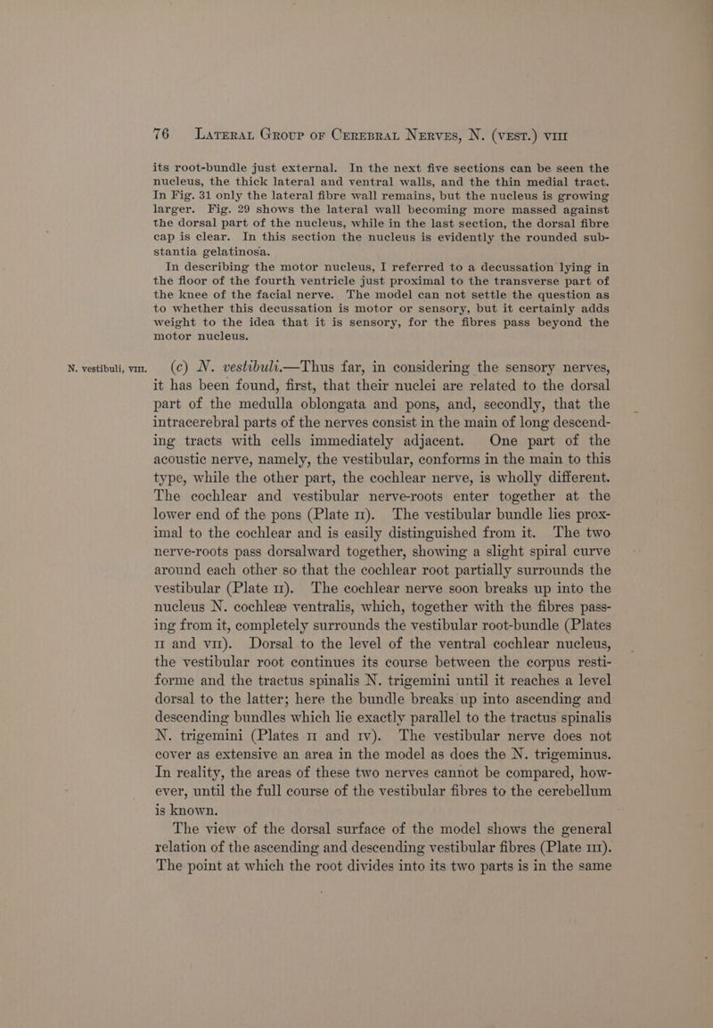 N. vestibuli, vi. its root-bundle just external. In the next five sections can be seen the nucleus, the thick lateral and ventral walls, and the thin medial tract. In Fig. 31 only the lateral fibre wall remains, but the nucleus is growing larger. Fig. 29 shows the lateral wall becoming more massed against the dorsal part of the nucleus, while in the last section, the dorsal fibre cap is clear. In this section the nucleus is evidently the rounded sub- stantia gelatinosa. In describing the motor nucleus, I referred to a decussation lying in the floor of the fourth ventricle just proximal to the transverse part of the knee of the facial nerve. The model can not settle the question as to whether this decussation is motor or sensory, but it certainly adds weight to the idea that it is sensory, for the fibres pass beyond the motor nucleus. (c) N. vestibul.—Thus far, in considering the sensory nerves, it has been found, first, that their nuclei are related to the dorsal part of the medulla oblongata and pons, and, secondly, that the intracerebral parts of the nerves consist in the main of long descend- ing tracts with cells immediately adjacent. One part of the acoustic nerve, namely, the vestibular, conforms in the main to this type, while the other part, the cochlear nerve, is wholly different. The cochlear and vestibular nerve-roots enter together at the lower end of the pons (Plate m). The vestibular bundle lies prox- imal to the cochlear and is easily distinguished from it. The two nerve-roots pass dorsalward together, showing a slight spiral curve around each other so that the cochlear root partially surrounds the vestibular (Plate 11). The cochlear nerve soon breaks up into the nucleus N. cochlez ventralis, which, together with the fibres pass- ing from it, completely surrounds the vestibular root-bundle (Plates 1m and vit). Dorsal to the level of the ventral cochlear nucleus, the vestibular root continues its course between the corpus resti- forme and the tractus spinalis N. trigemini until it reaches a level dorsal to the latter; here the bundle breaks up into ascending and descending bundles which lie exactly parallel to the tractus spinalis N. trigemini (Plates 1 and tv). The vestibular nerve does not cover as extensive an area in the model as does the N. trigeminus. In reality, the areas of these two nerves cannot be compared, how- ever, until the full course of the vestibular fibres to the cerebellum is known. The view of the dorsal surface of the model shows the general relation of the ascending and descending vestibular fibres (Plate 11). The point at which the root divides into its two parts is in the same