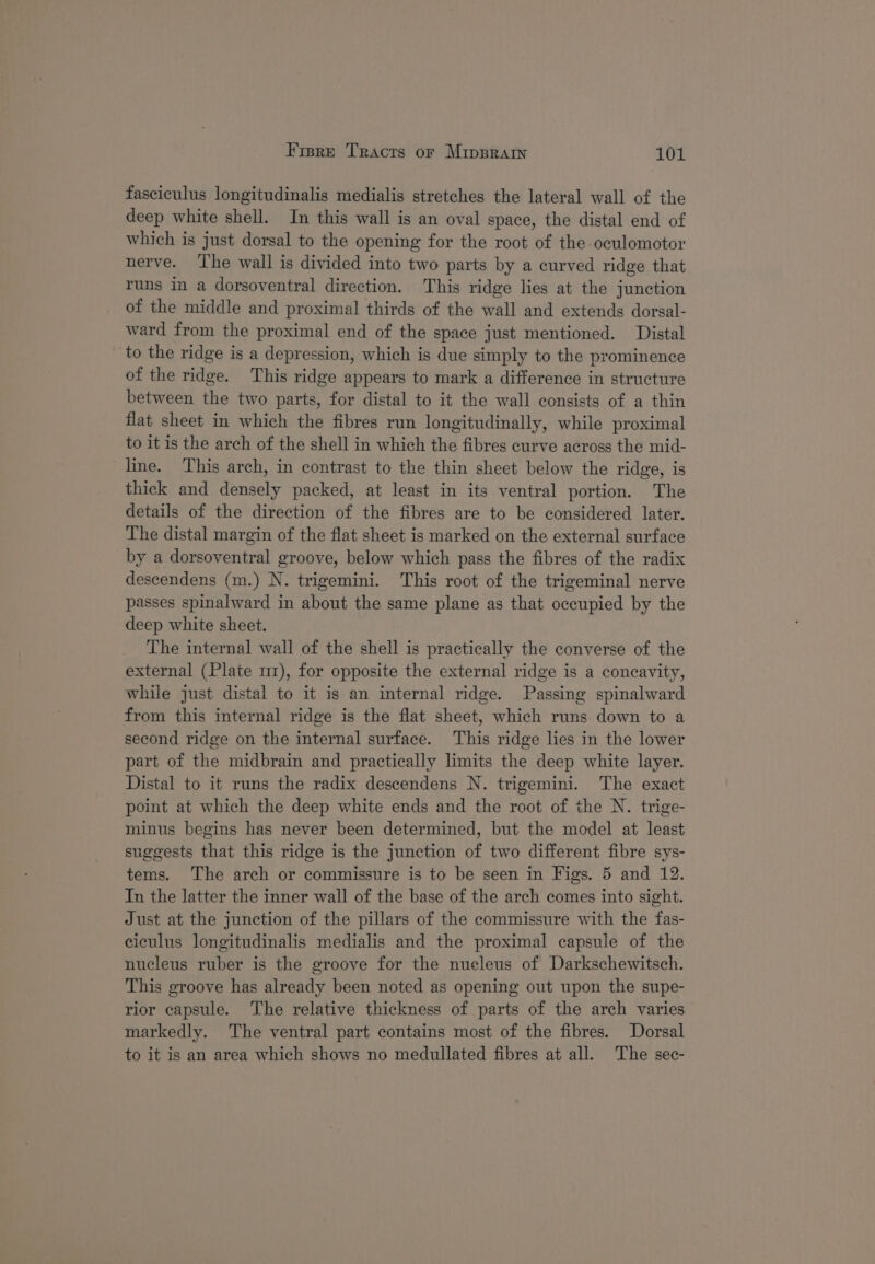 fasciculus longitudinalis medialis stretches the lateral wall of the deep white shell. In this wall is an oval space, the distal end of which is just dorsal to the opening for the root of the oculomotor nerve. The wall is divided into two parts by a curved ridge that runs in a dorsoventral direction. This ridge lies at the junction of the middle and proximal thirds of the wall and extends dorsal- ward from the proximal end of the space just mentioned. Distal to the ridge is a depression, which is due simply to the prominence of the ridge. This ridge appears to mark a difference in structure between the two parts, for distal to it the wall consists of a thin flat sheet in which the fibres run longitudinally, while proximal to it is the arch of the shell in which the fibres curve across the mid- line. This arch, in contrast to the thin sheet below the ridge, is thick and densely packed, at least in its ventral portion. The details of the direction of the fibres are to be considered later. The distal margin of the flat sheet is marked on the external surface by a dorsoventral groove, below which pass the fibres of the radix descendens (m.) N. trigemini. This root of the trigeminal nerve passes spinalward in about the same plane as that occupied by the deep white sheet. The internal wall of the shell is practically the converse of the external (Plate mz), for opposite the external ridge is a concavity, while just distal to it is an internal ridge. Passing spinalward from this internal ridge is the flat sheet, which runs down to a second ridge on the internal surface. This ridge lies in the lower part of the midbrain and practically limits the deep white layer. Distal to it runs the radix descendens N. trigemini. The exact point at which the deep white ends and the root of the N. trige- minus begins has never been determined, but the model at least suggests that this ridge is the junction of two different fibre sys- tems. The arch or commissure is to be seen in Figs. 5 and 12. In the latter the inner wall of the base of the arch comes into sight. Just at the junction of the pillars of the commissure with the fas- eiculus longitudinalis medialis and the proximal capsule of the nucleus ruber is the groove for the nueleus of Darkschewitsch. This groove has already been noted as opening out upon the supe- rior capsule. The relative thickness of parts of the arch varies markedly. The ventral part contains most of the fibres. Dorsal to it is an area which shows no medullated fibres at all. The sec-