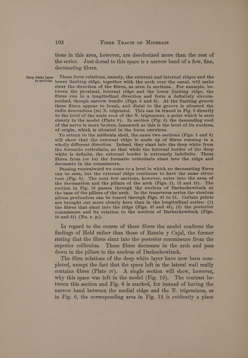 Deep white layer in sections. 102 Fisre Tracts or Mipsrain tions in this area, however, are decolorized more than the rest of the series. Just dorsal to this space is a narrow band of a few, fine, decussating fibres. These form relations, namely, the external and internal ridges and the lower limiting ridge, together with the arch over the canal, will make clear the direction of the fibres, as seen in sections. For example, be- tween the proximal, internal ridge and the lower limiting ridge, the fibres run in a longitudinal direction and form a definitely circum- scribed, though narrow bundle (Figs. 5 and 6). At the limiting groove these fibres appear to break, and distal to the groove is situated the radix descendens (m) N. trigemini. This can be traced in Fig. 5 directly to the level of the main root of the N. trigeminus, a point which is seen clearly in the model (Plate v). In section (Fig. 6) the descending root of the nerve is more broken, inasmuch as this is the level of its nucleus, of origin, which is situated in the locus ceruleus. To return to the midbrain shell, the same two sections (Figs. 5 and 6) will show that the external ridge is made up of fibres running in a wholly different direction. Indeed, they slant into the deep white from the formatio reticularis, so that while the internal border of the deep white is definite, the external border is extremely indefinite. These fibres from (or to) the formatio reticularis slant into the ridge and decussate in the commissure. Passing ventralward we come to a level in which no decussating fibres can be seen, but the external ridge continues to have the same struc- ture (Fig. 9). The next few sections, however, enter into the area of the decussation and the pillars of the arch (Figs. 11, 12 and 13). The section in Fig. 16 passes through the nucleus of Darkschewitsch at the base of the pillars of the arch. In the transverse series the stratum album profundum can be traced through Figs. 43 to 51. Certain points are brought out more clearly here than in the longitudinal series: (1) the fibres that slant into the ridge (Figs. 47 and 48), (2) the posterior commissure and its relation to the nucleus of Darkschewitsch (Figs. 50 and 51) (Nu. ¢c. p.). In regard to the course of these fibres the model confirms the findings of Held rather than those of Ramén y Cajal, the former stating that the fibres slant into the posterior commissure from the superior colliculus. These fibres decussate in the arch and pass down in the pillars to the nucleus of Darkschewitsch. The fibre relations of the deep white layer have now been com- pleted, except the fact that the space left in the lateral wall really contains fibres (Plate 1v). A single section will show, however, why this space was left in the model (Fig. 12). The contrast be-. tween this section and Fig. 6 is marked, for instead of having the narrow band between the medial ridge and the N. trigeminus, as