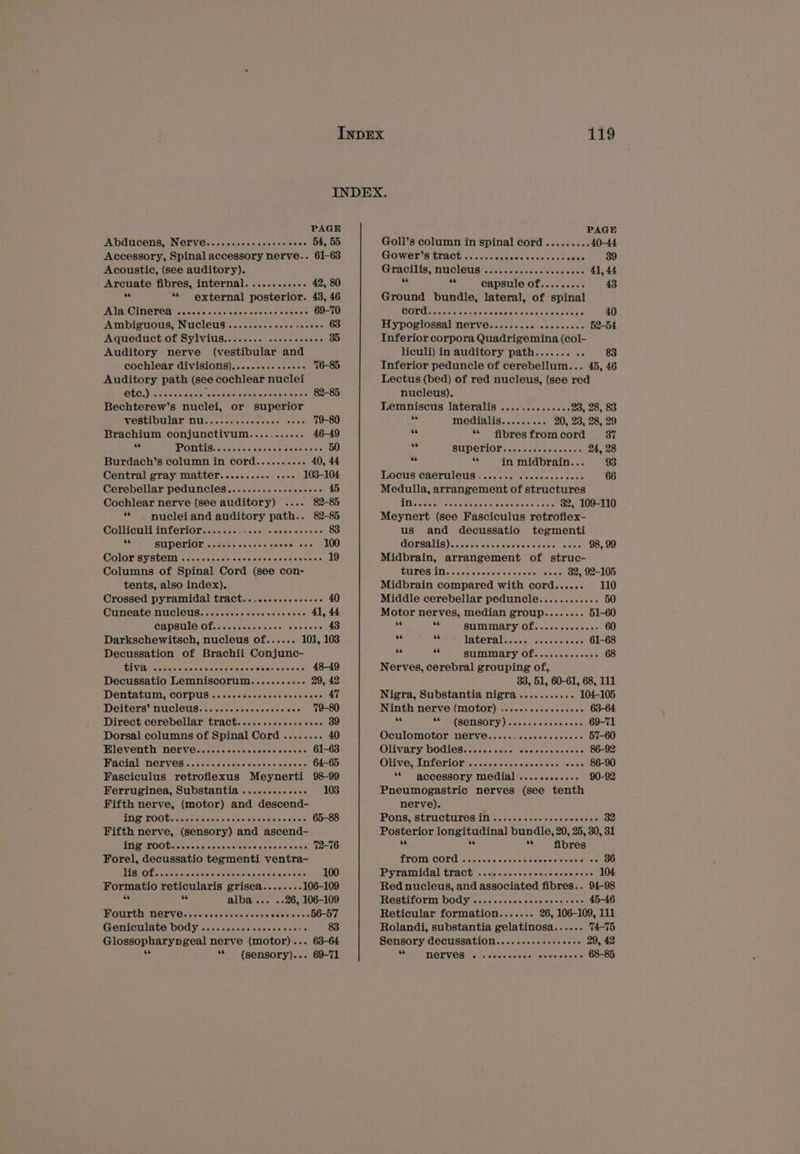PAGE PAGE Abducens, Nerve.....sseescssece cece 54, 55 Goll’s column in spinal cord ......... 40-44 Accessory, Spinal accessory nerve.. 61-63 GOWST SATACT J 4.5 cccssaeesaavirend caus 89 Acoustic, (see auditory). GRO iS!NUGI6US oNueeec es cecser tices 41, 44 Arcuate fibres, internal. ........... 42, 80 s bas capsule of......... 43 + ‘“* external posterior. 43, 46 Ground bundle, lateral, of spinal Ala Cimered ....0. ccc eseeeceseeeeeeees 69-70 GOV ec sca sicees teeeeseeeeccceccees 40 Ambiguous, NucleuS .........seeeceeeee 63 Hypoglossal nerve......... Raroeecmen 52-54 Aqueduct of Sylvius........ ssccseceees 35 Inferior corpora Quadrigemina (col- Auditory nerve (vestibular and liculi) in auditory path......... 83 cochlear divisions).......+.+.s06 (6-85 Inferior peduncle of cerebellum... 45, 46 Auditory path (see cochlear nuclei Lectus (bed) of red nucleus, (see red GUC )iscacessvaxk raigieis Malee waved he page 82-85 nucleus). Bechterew’s nuclei, or superior Lemniscus lateralis .............. 23, 28, 83 WENGLOUIAY Nec pswipwaatcise tal 60s 79-80 a medialis......... 20, 28, 28, 29 Brachium conjunctivum........... 46-49 bd “ fibresfromcord 37 ae PODUG. 0c -cccvecess celse ves 50 ee BUPCTION <0 iscrenecesess 24, 28 Burdach’s column in cord........+. 40, 44 . sé in midbrain... 93 Central gray matter........+. s+ 103-104 LOCUS CAOLUISUS Kaca cae ave akon sees 66 Cerebellar peduncles,..........seeeeeeee 45 Medulla, arrangement of structures Cochlear nerve (see auditory) .... 82-85 “ nuclei and auditory path.. 82-85 Colliculi inferior....... Be eiettnieareieeaininiatale 83 es SUPOLION crcepesijencccnveat ass 100 GOOF SY BLOM sess siacccleict yy ewesiseccincinase 19 Columns of Spinal Cord (see con- tents, also index). Crossed pyramidal tract.....sesseeeeees 40 Cuneate NUCleus.......ceeeeeeees eee 41, 44 CBDBIIC Ofssesetersecenc aboyses 43 Darkschewitsch, nucleus of...... 101, 103 Decussation of Brachii Conjunc- PV ccea teats as sence dence Sooners 48-49 Decussatio Lemniscorum....... coos 29, 42 Dentatum, COPPus .. occ. ceccesesccccencs 47 Deiters’ NUCICUS. cc escecvecicccess vee 79-80 Direct cerebellar tract.......e.seeecses 39 Dorsal columns of Spinal Cord ........ 40 Eleventh nerve.......... SEP GSHpec bor 61-63 HACIA NGrVGs.. cc nesses cwhnces cep ens 64-65 Fasciculus retroflexus Meynerti 98-99 Ferruginea, Substantia ..........+5. 103 Fifth nerve, (motor) and descend- PAP TOOL pines ae scrw resis st sete aeees 65-88 Fifth nerve, (sensory) and ascend- TBP DOO beaks ons's tase a'e's Sata etals'ed 72-76 Forel, decussatio tegmenti ventra- TESS OL a etatic tala re sternite Sats orniciclersia visio 4: 100 Formatio reticularis grisea........ 106-109 oe ve albaic.. 26, 106-109 MOUPEM NELVOrcysiscesstec ess AC OAOtNGr 56-57 GOnICUIACE: DODGY secciinscvs cesmeey ne 83 Glossopharyngeal nerve (motor)... 63-64 = “* (sensory)... 69-71 Derscen see tidaceeavenre save 32, 109-110 Meynert (see Fasciculus retroflex- us and decussatio tegmenti MOTARNS) cece dalmustecweeeteneel ssc 98, 99 Midbrain, arrangement of struc- TULOG TN serene reese cece (ones 32, 92-105 Midbrain compared with cord...... 110 Middle cerebellar peduncle............ 50 Motor nerves, median group........ 51-60 a bs SUMMA) Of. .eccileserer- 60 Sa oe TAGETA Eos ss foot ascne 61-68 ef be SUMMALY Of6 ccs cccsccses 68 Nerves, cerebral grouping of, 33, 51, 60-61, 68, 111 Nigra, Substantia nigra........... 104-105 Ninth nerve (Motor) .........eeseeees 63-64 st SOP (SONSOLY eves vacpere sees 69-71 Ocwlomotor NOTVEss soc casigesccesss 57-60 OVVary DOGIES cis secsinies vxsicescinievcc - 86-92 OH Ve, INFOriIO4# 6.060000 ccc0cecee cove 86-90 ‘* accessory medial ..... aod ules OU Ore Pneumogastric nerves (see tenth nerve). PONDS, StULUCTUTOS 1B See cccs sieieaas sivsieven 32 Posterior longitudinal bundle, 20, 25, 30, 31 “ oe “ fibres from cord ...... Fb siclslet Caw ceweee eee 36 Pyramidal track «cigs scccicccurcvacesves 104 Red nucleus, and associated fibres.. 94-98 RGESEILOTM DODY wrncisscnciensnscccst se 45-46 Reticular formation....... 26, 106-109, 111 Rolandi, substantia gelatinosa...... (4-15 Sensory decussation......s.eeeeveeee 29, 42 MOS NOVVOR Hera cncenccdehestenses's 00-00