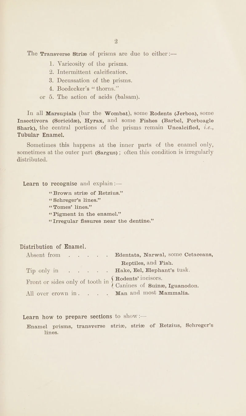 2 The Transverse Strize of prisms are due to either :— 1. Varicosity of the prisms. . Intermittent calcification. Decussation of the prisms. Boedecker’s ‘ thorns.”’ . The action of acids (balsam). Or BR OO bo or In all Marsupials (bar the Wombat), some Rodents (Jerboa), some Insectivora (Soricids), Hyrax, and some Fishes (Barbel, Porbeagle Shark), the central portions of the prisms remain Uncealcified, 7.¢., Tubular Enamel. Sometimes this happens at the inner parts of the enamel only, sometimes at the outer part (Sargus); often this condition is irregularly distributed. Learn to recognise and explain :— “Brown strize of Retzius.”’ ‘“*Schreger’s lines.” ‘«*Tomes’ lines.”’ “Pigment in the enamel.” ‘“Trregular fissures near the dentine.” Distribution of Enamel. Absent from . . . . . Hdentata, Narwal, some Cetaceans, Reptiles, and Fish. Tip only in . . . . . Hake, Eel, Elephant’s tusk. Rodents’ 1Ncisors. Canines of Suinz, Iguanodon. All over crown in. . . . Man and most Mammalia. Front or sides only of tooth in Learn how to prepare sections to show :— Enamel prisms, transverse striz, striz of Retzius, Schreger’s lines.