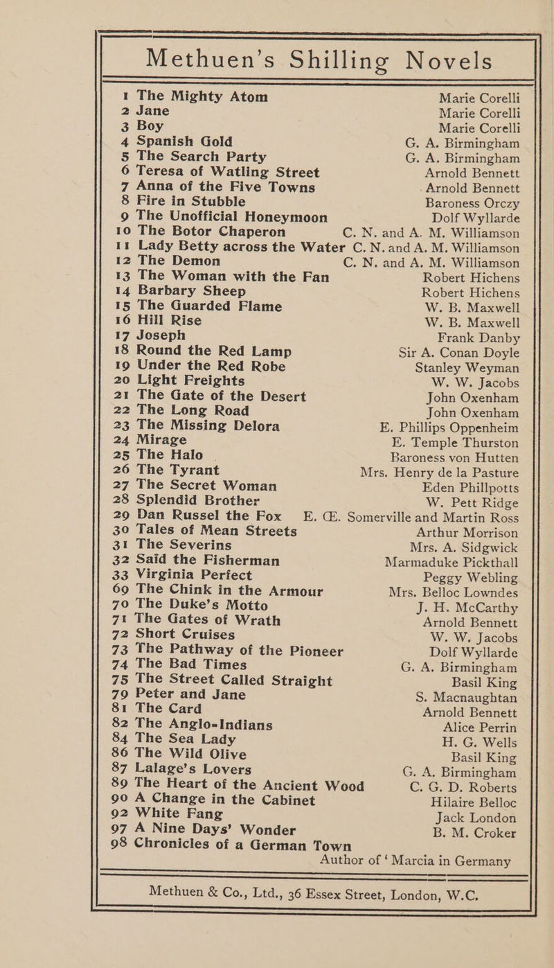 Methuen’s Shilling Novels 1 The Mighty Atom Marie Corelli 2 Jane Marie Corelli 3 Boy Marie Corelli 4 Spanish Gold G. A. Birmingham 5 The Search Party G. A. Birmingham 6 Teresa of Watling Street Arnold Bennett 7 Anna of the Five Towns . Arnold Bennett 8 Fire in Stubble Baroness Orczy 9 The Unofficial Honeymoon Dolf Wyllarde 10 The Botor Chaperon C. N. and A. M. Williamson 11 Lady Betty across the Water C. N. and A. M. Williamson 12 The Demon C. N. and A. M. Williamson 13 The Woman with the Fan Robert Hichens 14 Barbary Sheep Robert Hichens 15 The Guarded Flame W. B. Maxwell 16 Hill Rise W. B. Maxwell 17 Joseph Frank Danby 18 Round the Red Lamp Sir A. Conan Doyle 19 Under the Red Robe Stanley Weyman 20 Light Freights W. W. Jacobs 21 The Gate of the Desert John Oxenham 22 The Long Road John Oxenham 23 The Missing Delora E. Phillips Oppenheim 24 Mirage E. Temple Thurston 25 The Halo | Baroness von Hutten 26 The Tyrant Mrs. Henry de la Pasture 27 The Secret Woman Eden Phillpotts 28 Splendid Brother W. Pett Ridge 29 Dan Russel the Fox E. C. Somerville and Martin Ross 30 Tales of Mean Streets Arthur Morrison 31 The Severins Mrs. A. Sidgwick 32 Said the Fisherman Marmaduke Pickthall 33 Virginia Perfect Peggy Webling 69 The Chink in the Armour Mrs. Belloc Lowndes 70 The Duke’s Motto J. H. McCarthy 71 The Gates of Wrath Arnold Bennett 72 Short Cruises W. W. Jacobs 73 The Pathway of the Pioneer Dolf Wyllarde 74 The Bad Times G. A. Birmingham 75 The Street Called Straight Basil King 79 Peter and Jane S. Macnaughtan 81 The Card Arnold Bennett 82 The Anglo-Indians Alice Perrin 84 The Sea Lady H. G. Wells 86 The Wild Olive Basil King 87 Lalage’s Lovers G. A. Birmingham 89 The Heart of the Ancient Wood C. G. D. Roberts 90 A Change in the Cabinet Hilaire Belloc 92 White Fang Jack London 97 A Nine Days’ Wonder B. M. Croker 98 Chronicles of a German Town Author of ‘ Marcia in Germany nr Ee ered eee OSL lll