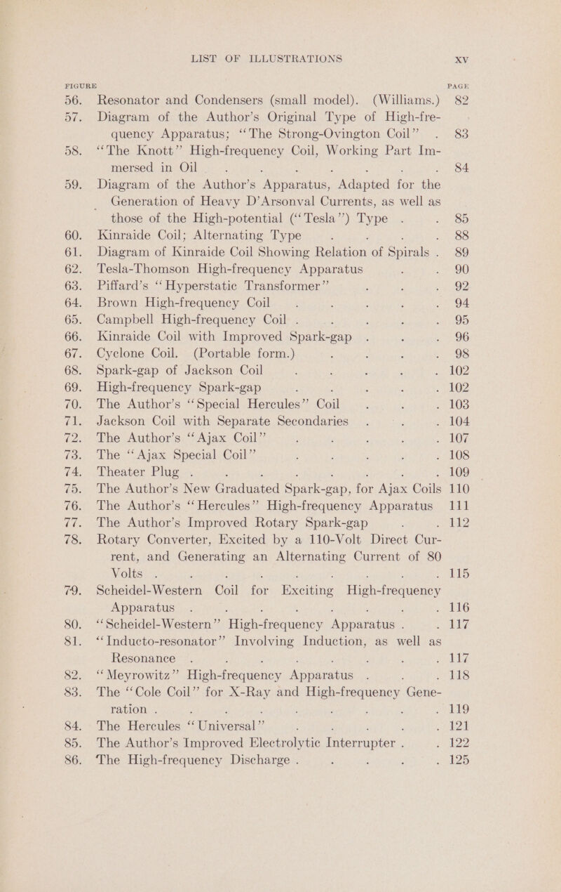 Resonator and Condensers (small model). (Williams.) Diagram of the Author’s Original Type of High-fre- quency Apparatus; ‘“‘The Strong-Ovington Coil” “The Knott” High-frequency Coil, epee Part Im- mersed in Oil Diagram of the Author’ s eave. Adapted for the Generation of Heavy D’Arsonval Currents, as well as those of the High-potential (‘‘Tesla”’) Type Kinraide Coil; Alternating Type Diagram of Kinraide Coil Showing Eonar of peel Tesla-Thomson High-frequency Apparatus Piffard’s ‘“‘ Hyperstatic Transformer” Brown High-frequency Coil Campbell High-frequency Coil . Kinraide Coil with Improved Spark-gap Cyclone Coil. (Portable form.) Spark-gap of Jackson Coil High-frequency Spark-gap The Author’s ‘Special Hercules”’ Coil Jackson Coil with Separate Secondaries The Author’s “ Ajax Coil” The ‘Ajax Special Coil” Theater Plug. «. The Author’s New Grduacd Spakioa: fox haa Geils The Author’s ‘‘ Hercules” High-frequency Apparatus The Author’s Improved Rotary Spark-gap Rotary Converter, Excited by a 110-Volt Direct Cur: rent, and Generating an Alternating Current of 80 Volts Scheidel- Western Coil ies Exciting High: frequency Apparatus ‘“Scheidel- Western” High: edunene a dparanas “‘Inducto-resonator”’ Involving Induction, as well as Resonance ‘““Meyrowitz”’ High- ee nanan The ‘‘Cole Coil” for X-Ray and sepa ogee: ene ration . The Hercules “‘ Teas ig The Author’s Improved Electr ana oe oe The High-frequency Discharge . 82 83 84 85 88 89 90 92 94 95 96 98 109 110 111 112 115 116 118