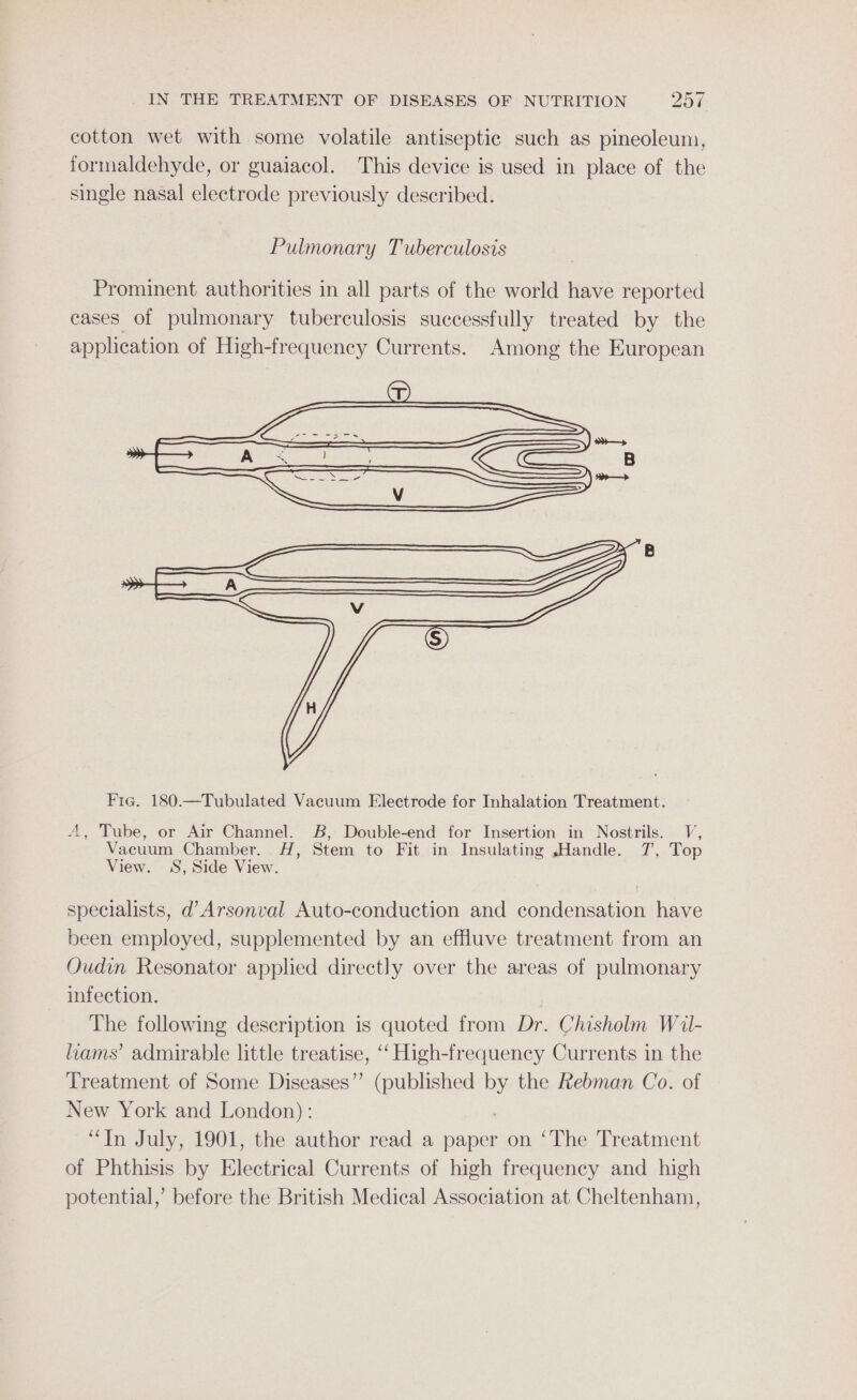 cotton wet with some volatile antiseptic such as pineoleum, formaldehyde, or guaiacol. This device is used in place of the single nasal electrode previously described. Pulmonary Tuberculosis Prominent authorities in all parts of the world have reported cases of pulmonary tuberculosis successfully treated by the application of High-fr equency Currents. Among the European U Fie. 180.—Tubulated Vacuum Electrode for Inhalation Treatment. A, Tube, or Air Channel. B, Double-end for Insertion in Nostrils. V, Vacuum Chamber. H, Stem to Fit in Insulating ,Handle. 7, Top View. 3S, Side View. specialists, d’Arsonval Auto-conduction and condensation have been employed, supplemented by an effluve treatment from an OQOudin Resonator applied directly over the areas of pulmonary infection. The following description is quoted from Dr. Chisholm Wil- liams’ admirable little treatise, “‘ High-frequency Currents in the Treatment of Some Diseases”’ (published Pe the Rebman Co. of New York and London): “In July, 1901, the author read a paper on ‘The Treatment of Phthisis by Electrical Currents of high frequency and high potential,’ before the British Medical Association at Cheltenham,