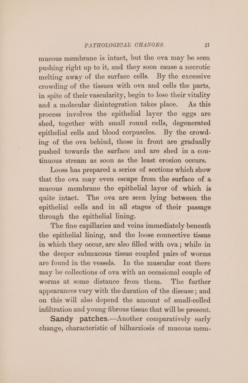 mucous membrane is intact, but the ova may be seen pushing right up to it, and they soon cause a necrotic melting away of the surface cells. By the excessive crowding of the tissues with ova and cells the parts, in spite of their vascularity, begin to lose their vitality and a molecular disintegration takes place. As this process involves the epithelial layer the eggs are shed, together with small round cells, degenerated epithelial cells and blood corpuscles. By the crowd- ing of the ova behind, those in front are gradually pushed towards the surface and are shed in a con- tinuous stream as soon as the least erosion occurs. Looss has prepared a series of sections which show that the ova may even escape from the surface of a mucous membrane the epithelial layer of which is quite intact. The ova are seen lying between the epithelial cells and in all stages of their passage through the epithelial lining. The fine capillaries and veins immediately beneath the epithelial lining, and the loose connective tissue in which they occur, are also filled with ova; while in the deeper submucous tissue coupled pairs of worms are found in the vessels. In the muscular coat there may be collections of ova with an occasional couple of worms at some distance from them. The further appearances vary with the duration of the disease ; and on this will also depend the amount of small-celled infiltration and young fibrous tissue that will be present. Sandy patches.—Another comparatively early change, characteristic of bilharziosis of mucous mem-