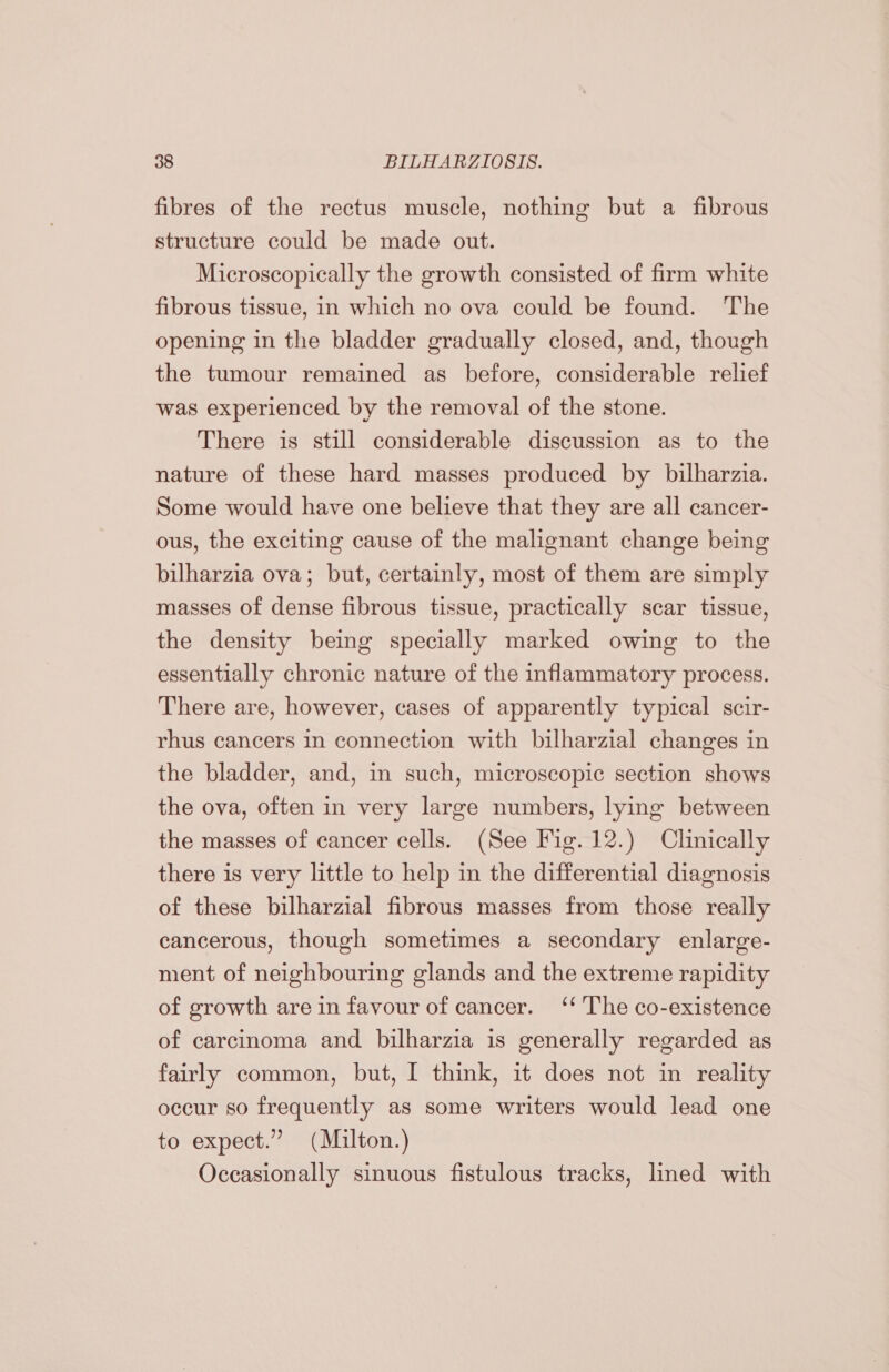 fibres of the rectus muscle, nothing but a fibrous structure could be made out. Microscopically the growth consisted of firm white fibrous tissue, in which no ova could be found. The opening in the bladder gradually closed, and, though the tumour remained as before, considerable relief was experienced by the removal of the stone. There is still considerable discussion as to the nature of these hard masses produced by bilharzia. Some would have one believe that they are all cancer- ous, the exciting cause of the malignant change being bilharzia ova; but, certainly, most of them are simply masses of dense fibrous tissue, practically scar tissue, the density being specially marked owing to the essentially chronic nature of the inflammatory process. There are, however, cases of apparently typical scir- rhus cancers in connection with bilharzial changes in the bladder, and, in such, microscopic section shows the ova, often in very large numbers, lying between the masses of cancer cells. (See Fig. 12.) Clinically there is very little to help in the differential diagnosis of these bilharzial fibrous masses from those really cancerous, though sometimes a secondary enlarge- ment of neighbouring glands and the extreme rapidity of growth are in favour of cancer. ‘‘ The co-existence of carcinoma and bilharzia is generally regarded as fairly common, but, I think, it does not in reality occur so frequently as some writers would lead one to expect.” (Mailton.) Occasionally sinuous fistulous tracks, lined with
