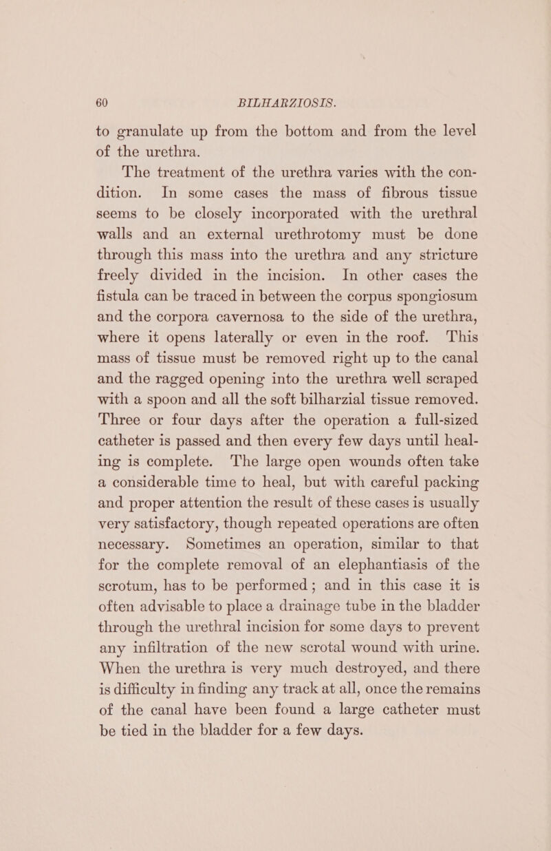 to granulate up from the bottom and from the level of the urethra. The treatment of the urethra varies with the con- dition. In some cases the mass of fibrous tissue seems to be closely incorporated with the urethral walls and an external urethrotomy must be done through this mass into the urethra and any stricture freely divided in the incision. In other cases the fistula can be traced in between the corpus spongiosum and the corpora cavernosa to the side of the urethra, where it opens laterally or even in the roof. This mass of tissue must be removed right up to the canal and the ragged opening into the urethra well scraped with a spoon and all the soft bilharzial tissue removed. Three or four days after the operation a full-sized catheter is passed and then every few days until heal- ing 1s complete. ‘The large open wounds often take a considerable time to heal, but with careful packing and proper attention the result of these cases is usually very satisfactory, though repeated operations are often necessary. Sometimes an operation, similar to that for the complete removal of an elephantiasis of the scrotum, has to be performed; and in this case it is often advisable to place a drainage tube in the bladder through the urethral incision for some days to prevent any infiltration of the new scrotal wound with urine. When the urethra is very much destroyed, and there is difficulty in finding any track at all, once the remains of the canal have been found a large catheter must be tied in the bladder for a few days.