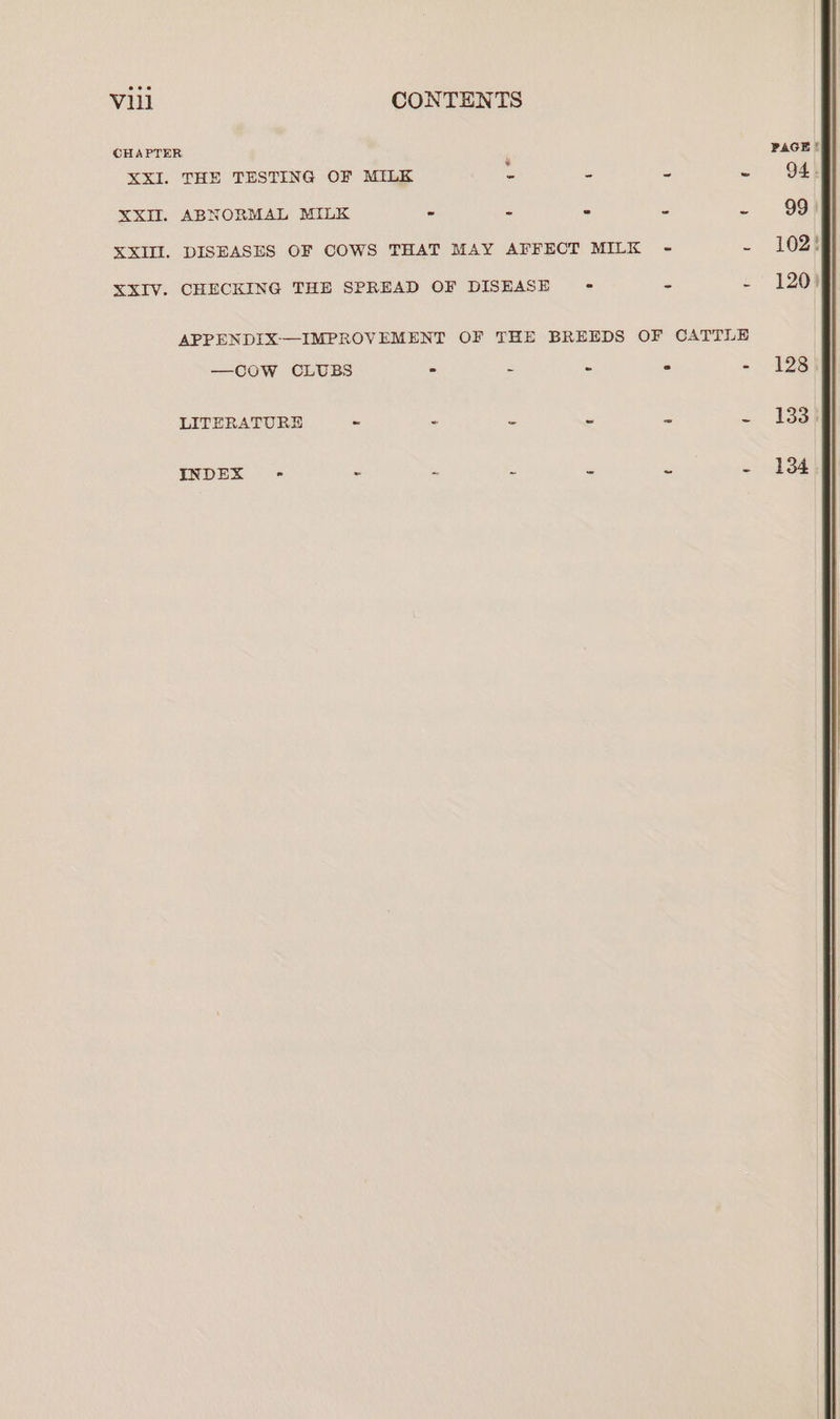 CHAPTER ‘ PAGE !'@ XXI. THE TESTING OF MILK © . ws = 94. . XXII. ABNORMAL MILK - : . <i - 99) XXIII. DISEASES OF COWS THAT MAY AFFECT MILK 102! XXIV. CHECKING THE SPREAD OF DISEASE ° - -° 120) APPENDIX—IMPROVEMENT OF THE BREEDS OF CATTLE —COW CLUBS - = - ° - 128) LITERATURE = x ie S = ~ 3a INDEX - i “5 z ‘ 2 « Loe