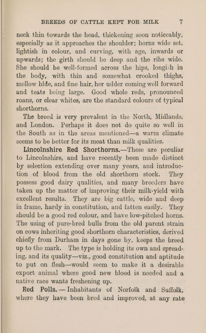 neck thin towards the head, thickening soon noticeably, especially as it approaches the shoulder; horns wide set, lightish in colour, and curving, with age, inwards or upwards; the girth should be deep and the ribs wide. She should be well-formed across the hips, longish in the body, with thin and somewhat crooked thighs, mellow hide, and fine hair, her udder coming well forward and teats being large. Good whole reds, pronounced roans, or clear whites, are the standard colours of typical shorthorns. The breed is very prevalent in the North, Midlands, and London. Perhaps it does not do quite so well in the South as in the areas mentioned—a warm climate seems to be better for its meat than milk qualities. Lincolnshire Red Shorthorns.—These are peculiar to Lincolnshire, and have recently been made distinct by selection extending over many years, and introduc- tion of blood from the old shorthorn stock. They possess good dairy qualities, and many breeders have taken up the matter of improving their milk-yield with excellent results. They are big cattle, wide and deep in frame, hardy in constitution, and fatten easily. They should be a good red colour, and have low-pitched horns. The using of pure-bred bulls from the old parent strain on cows inheriting good shorthorn characteristics, derived chiefly from Durham in days gone by, keeps the breed up tothe mark. ‘The type is holding its own and spread- ing, and its quality—viz., good constitution and aptitude to put on flesh—would seem to make it a desirable export animal where good new blood is needed and a native race wants freshening up. Red Polls. —Inhabitants of Norfolk and Suffolk, where they have been bred and improved, at any rate